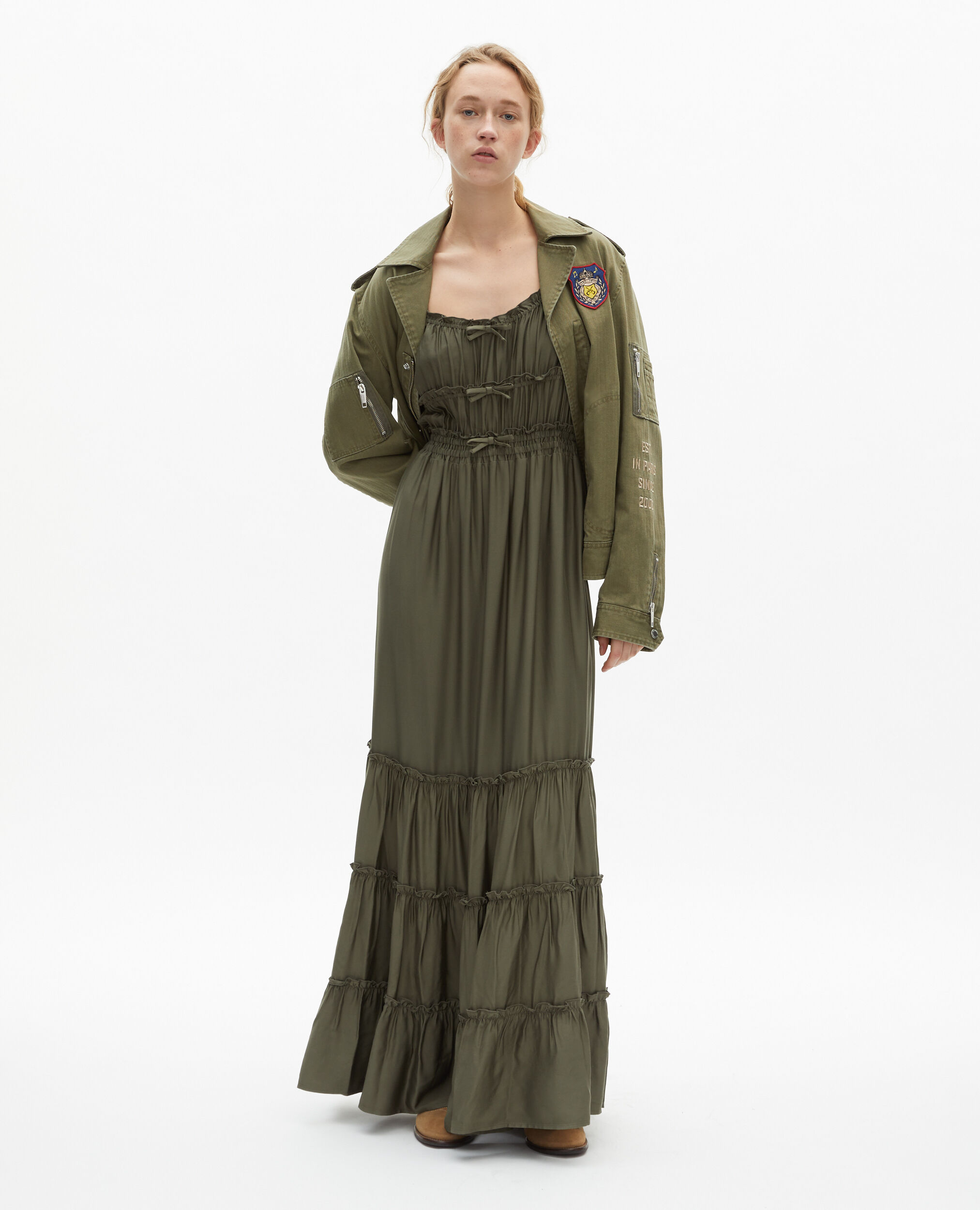 Long khaki dress with bows, KAKI STONE, hi-res image number null