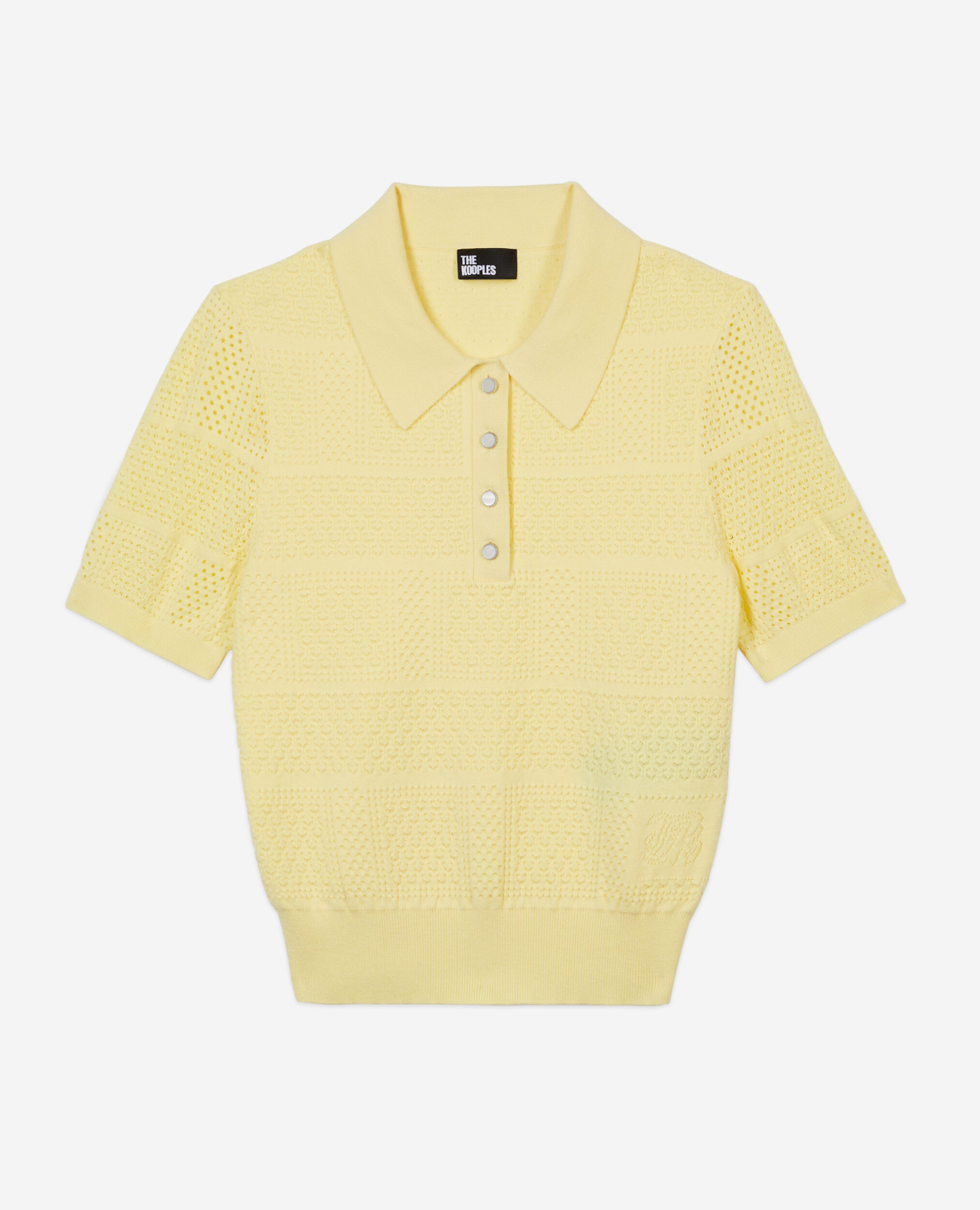 Light yellow openwork knit polo t-shirt, MELLOW YELLOW, hi-res image number null