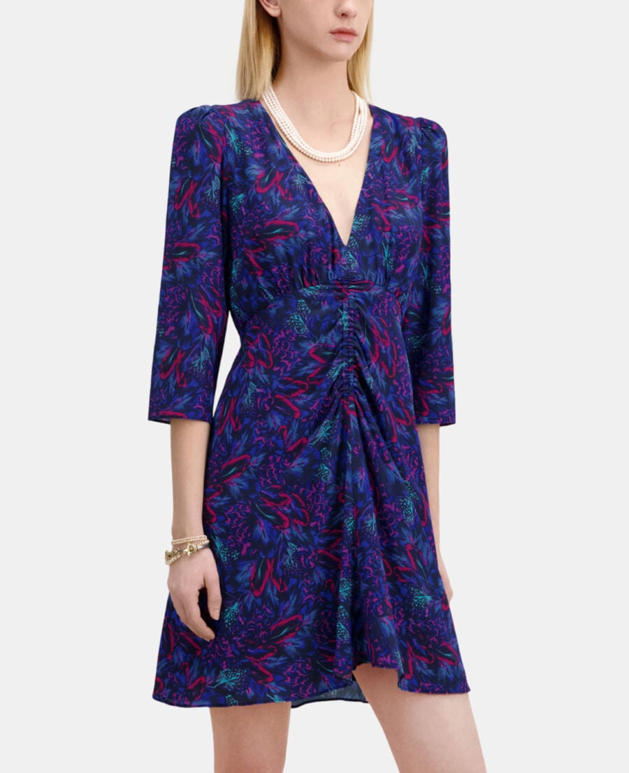 The Kooples FEMME BLUE RED robe courte imprimée en soie avec fronces