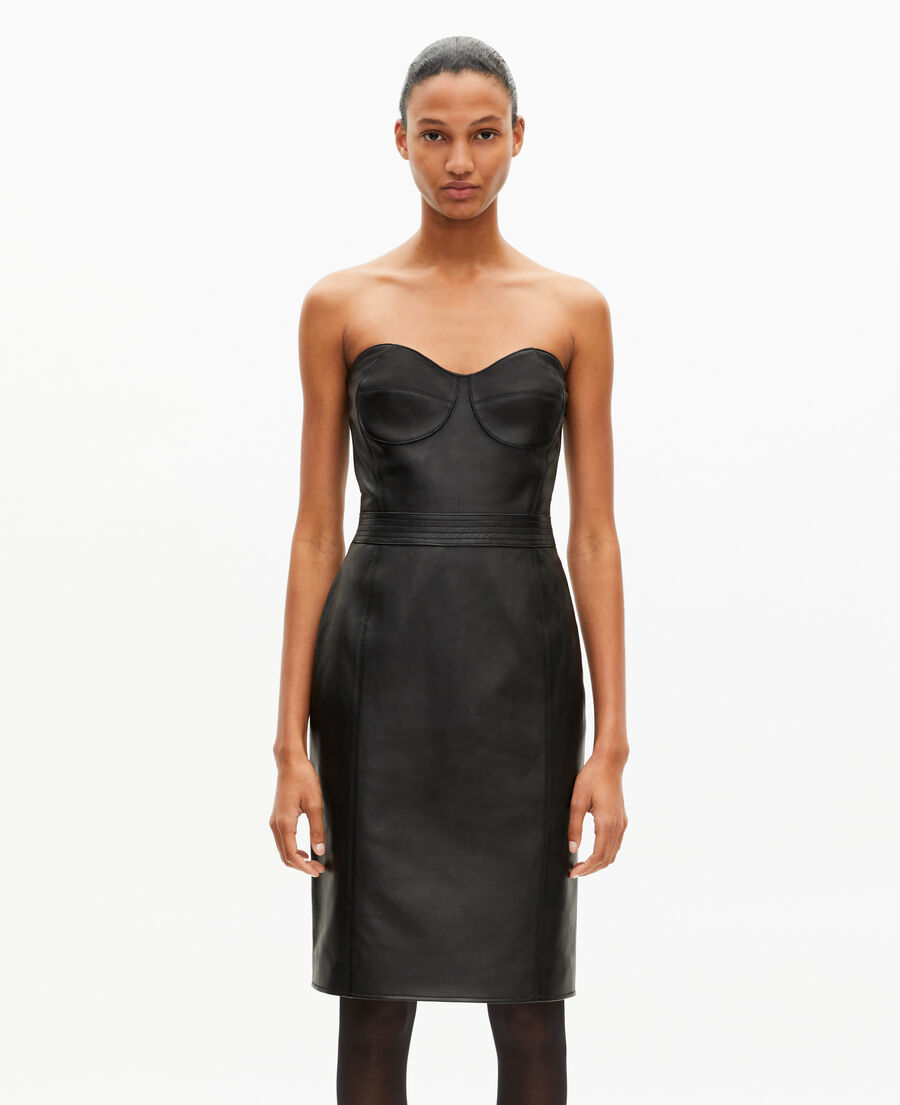 The Kooples DAMEN BLACK kurzes tr&auml;gerloses kleid aus schwarzem leder