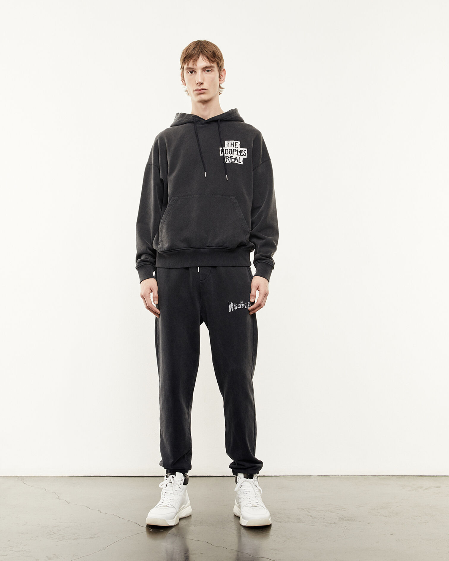 Dark gray sweatshirt with hood and print, BLACK WASHED, hi-res image number null