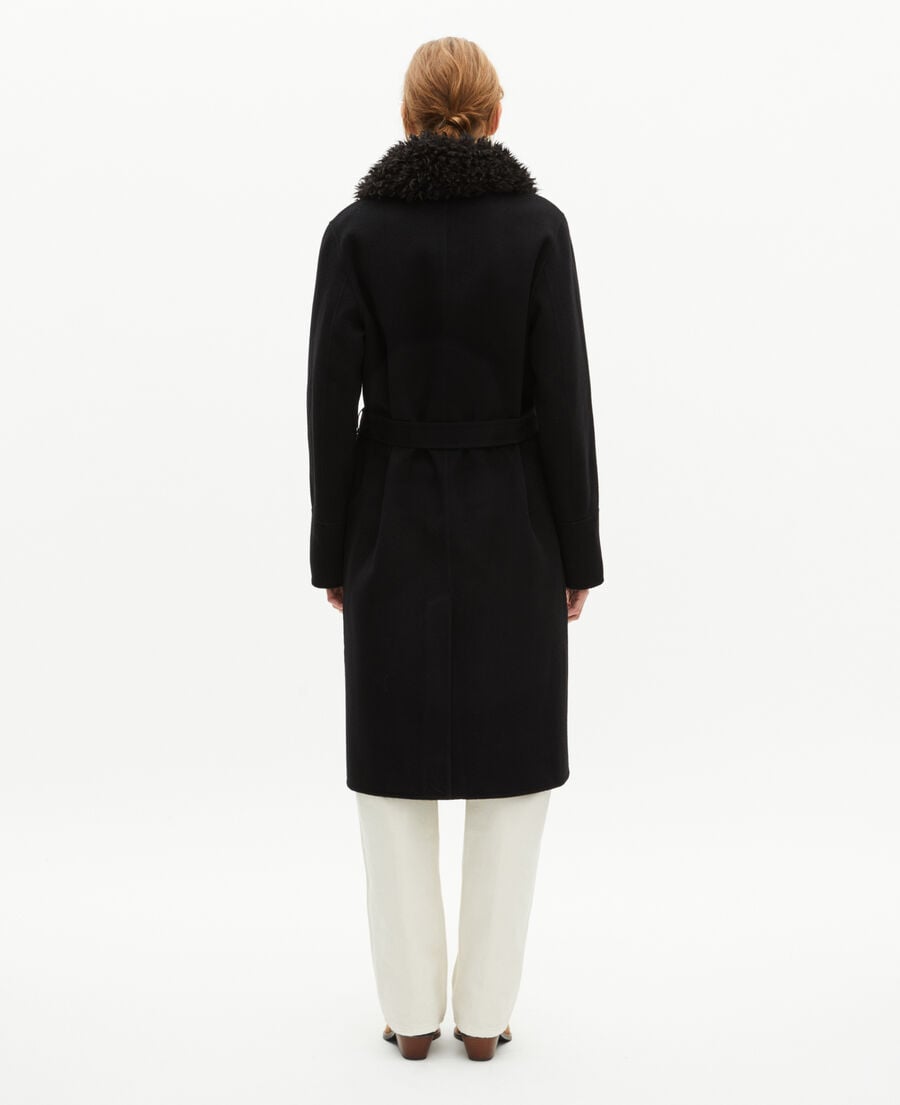 The Kooples WOMEN BLACK long double-faced coat with black sherpa collar