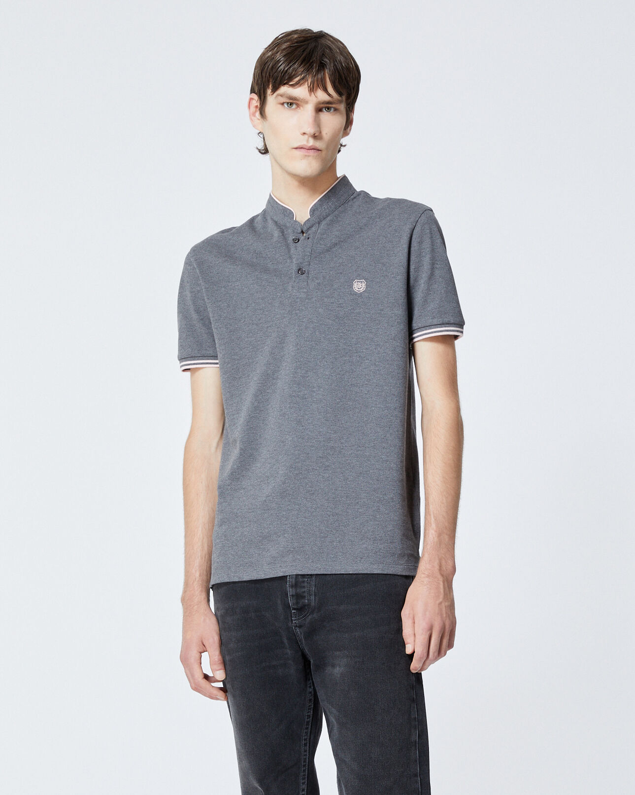 The Kooples HERREN MEDGREY MEL / LOTUS PINK grau meliertes baumwoll-poloshirt mit paspel