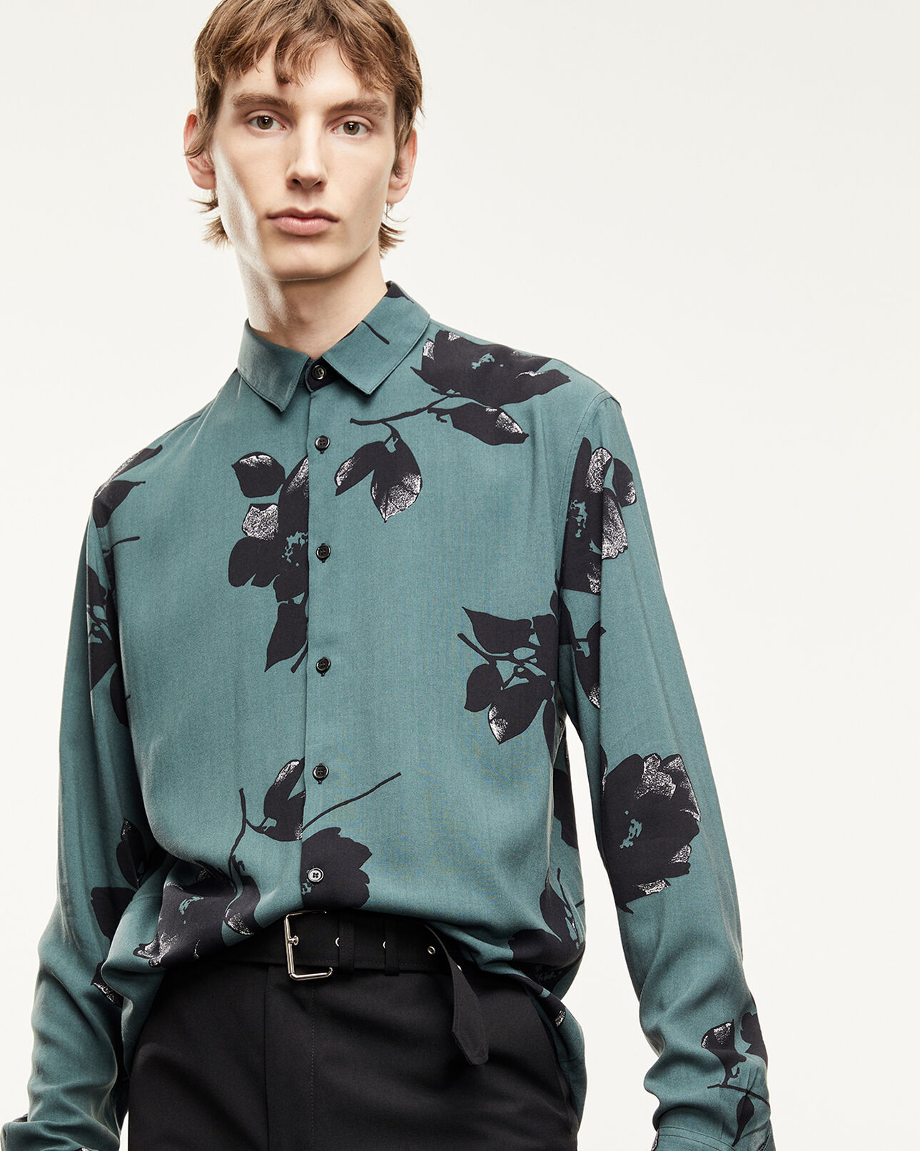 The Kooples MEN GREEN VEGETAL / NOIR flowing floral printed green shirt