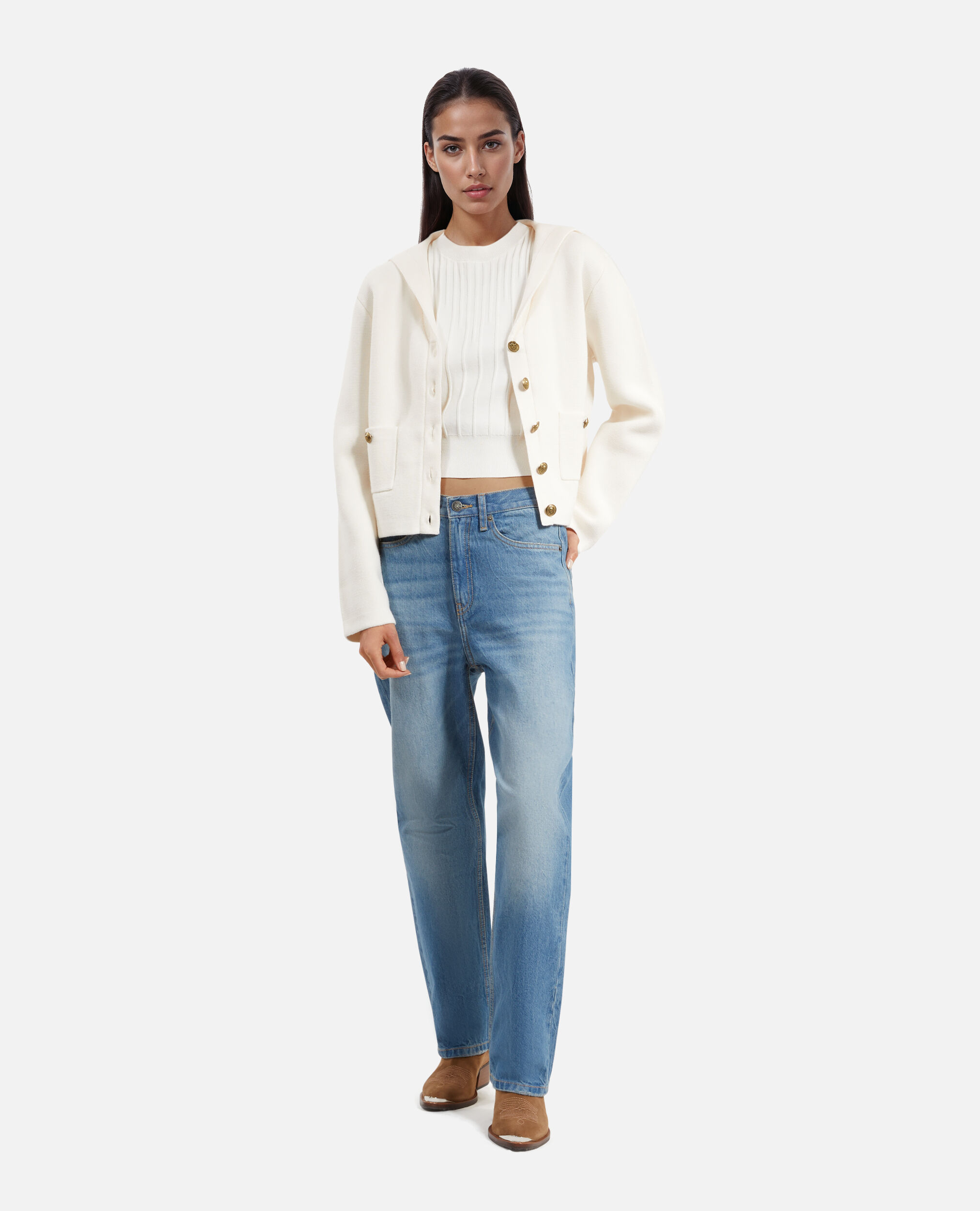 Ecru cotton and wool cardigan, ECRU, hi-res image number null
