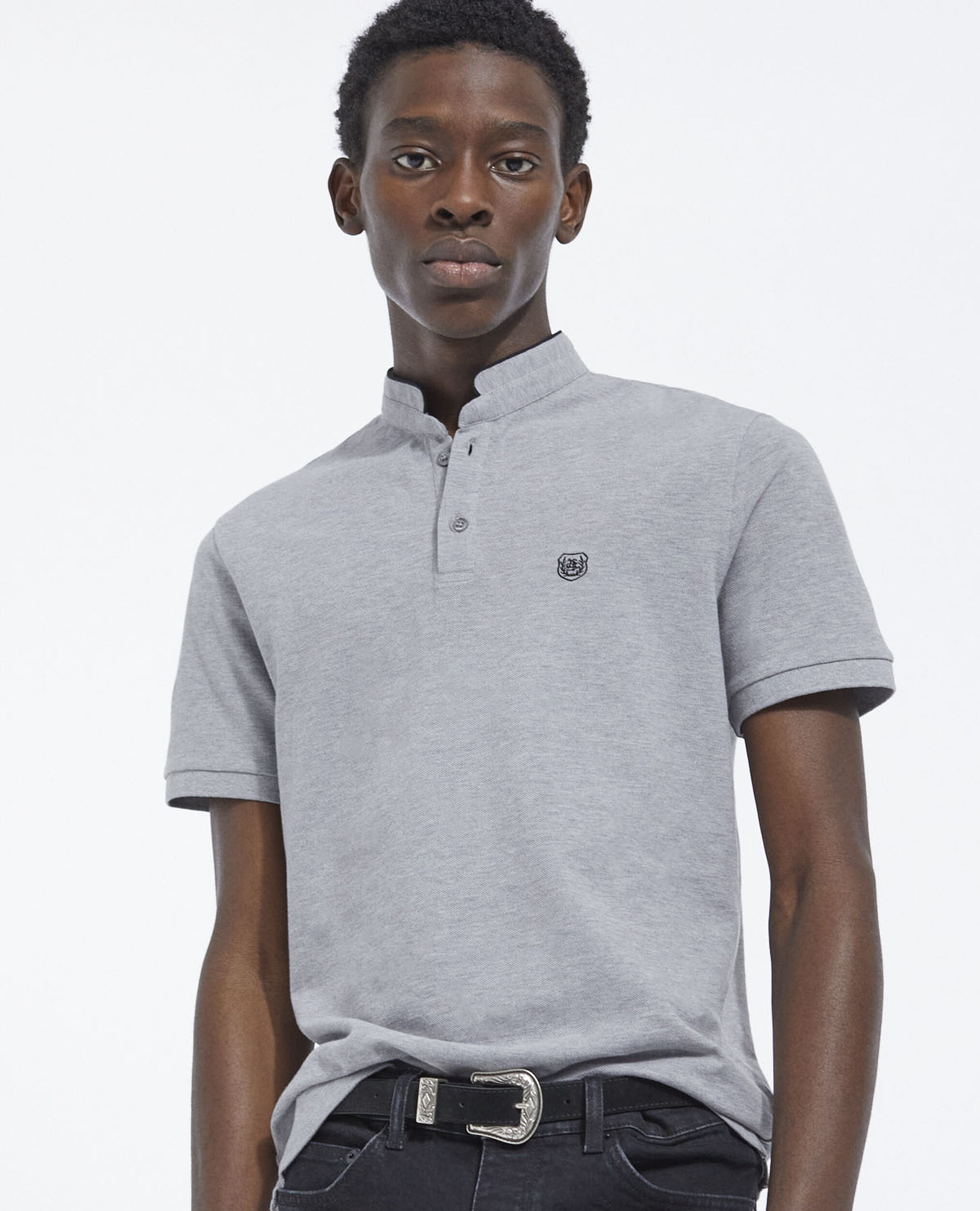 Classic polo with officer collar, MIDDLE GREY MEL/BLACK, hi-res image number null