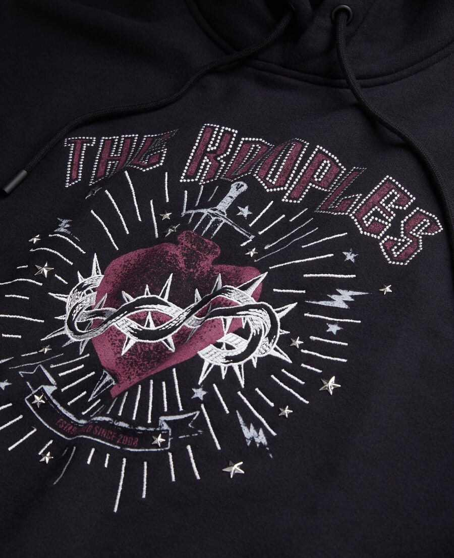 The Kooples F BLACK WASHED women's black hoodie with dagger through heart serigraphy