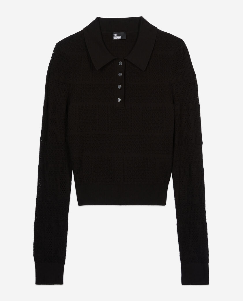 The Kooples DAMEN BLACK schwarzes poloshirt aus ajour-strick