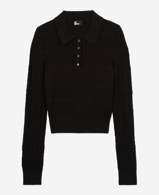 The Kooples WOMEN BLACK black openwork knit polo shirt
