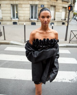 The Kooples F BLACK short strapless sequin dress with leather-effect detail in black