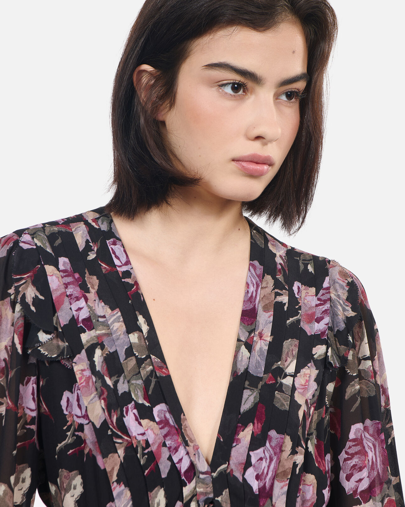 The Kooples WOMEN BLACK / PURPLE black long floral print dress