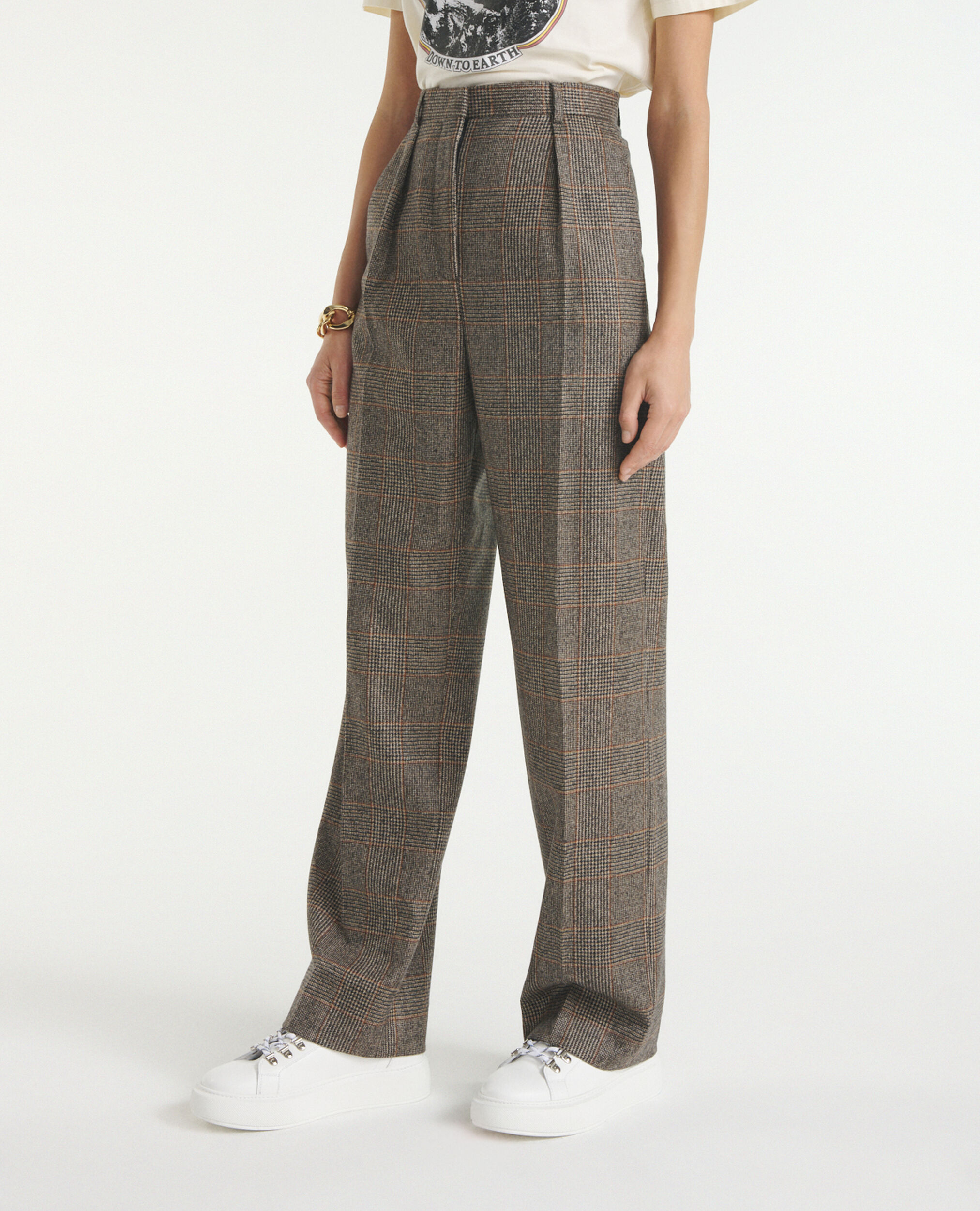 Straight-cut brown wool pants with crease
