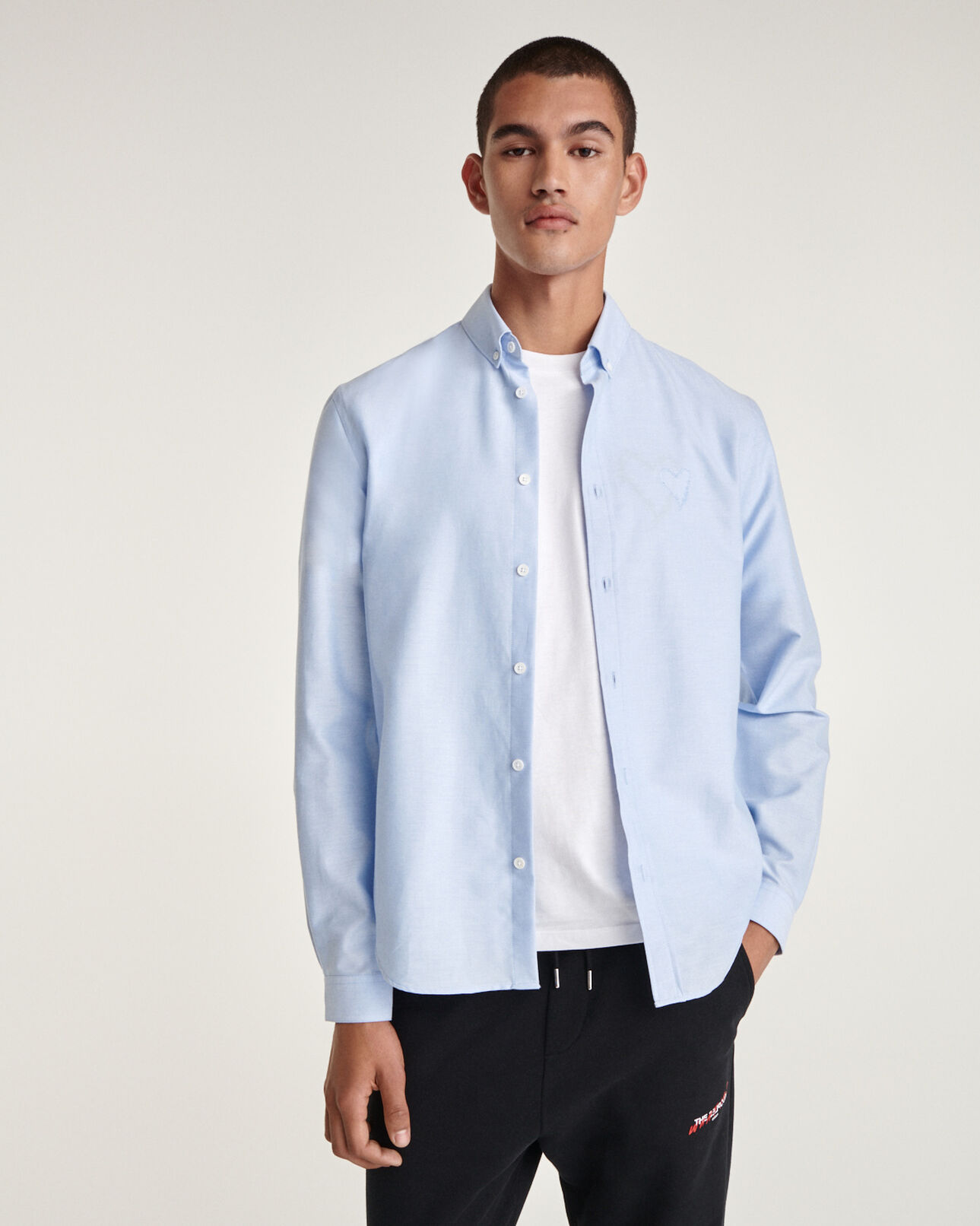 The Kooples MEN SKY sky blue cotton shirt with embroidered heart