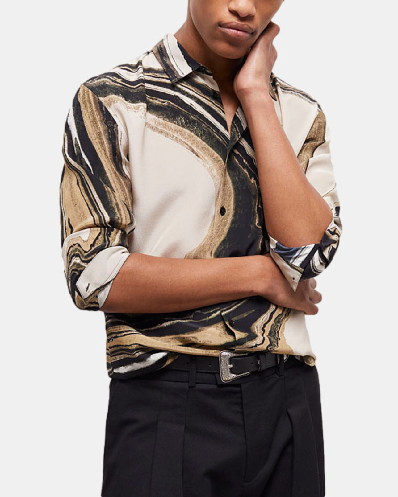 The Kooples MEN BEIGE-BROWN printed silk shirt