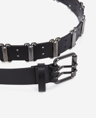The Kooples F BLACK black leather belt with metallic inserts