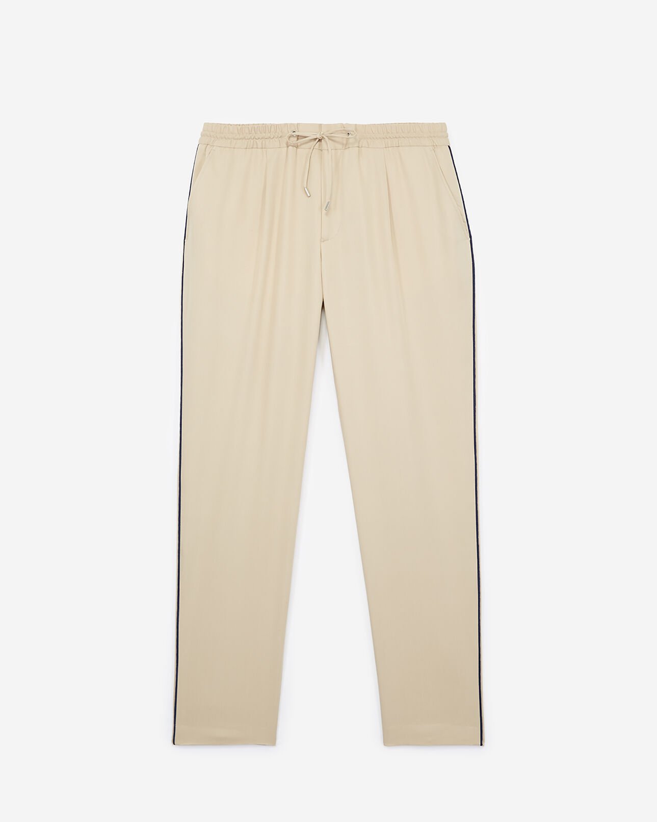 The Kooples MEN VIGOGNE MELANGE/DARK NAVY loose, beige cotton twill trousers with woven blue piping