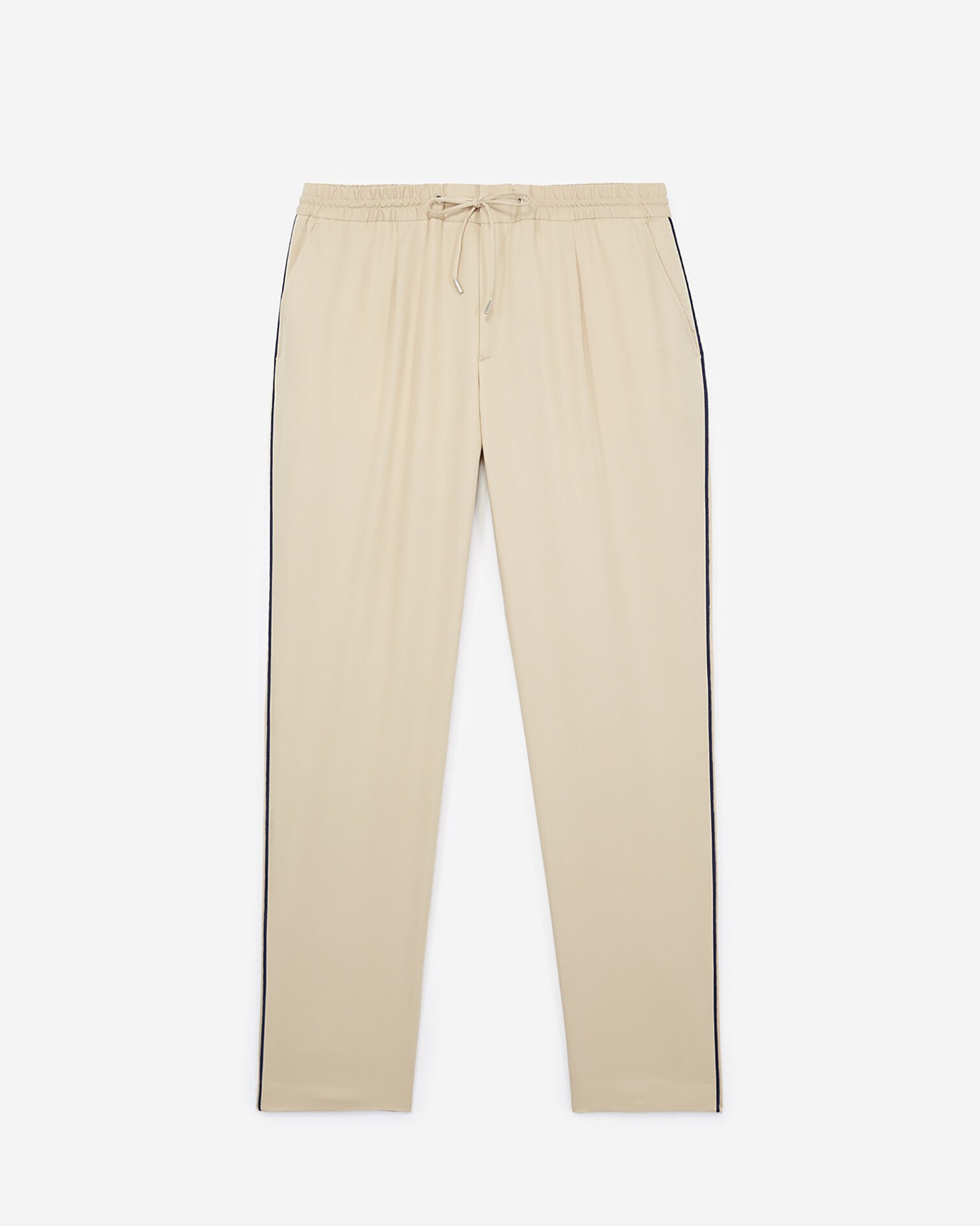 Loose, beige cotton twill trousers with woven blue piping, VIGOGNE MELANGE/DARK NAVY, hi-res image number null