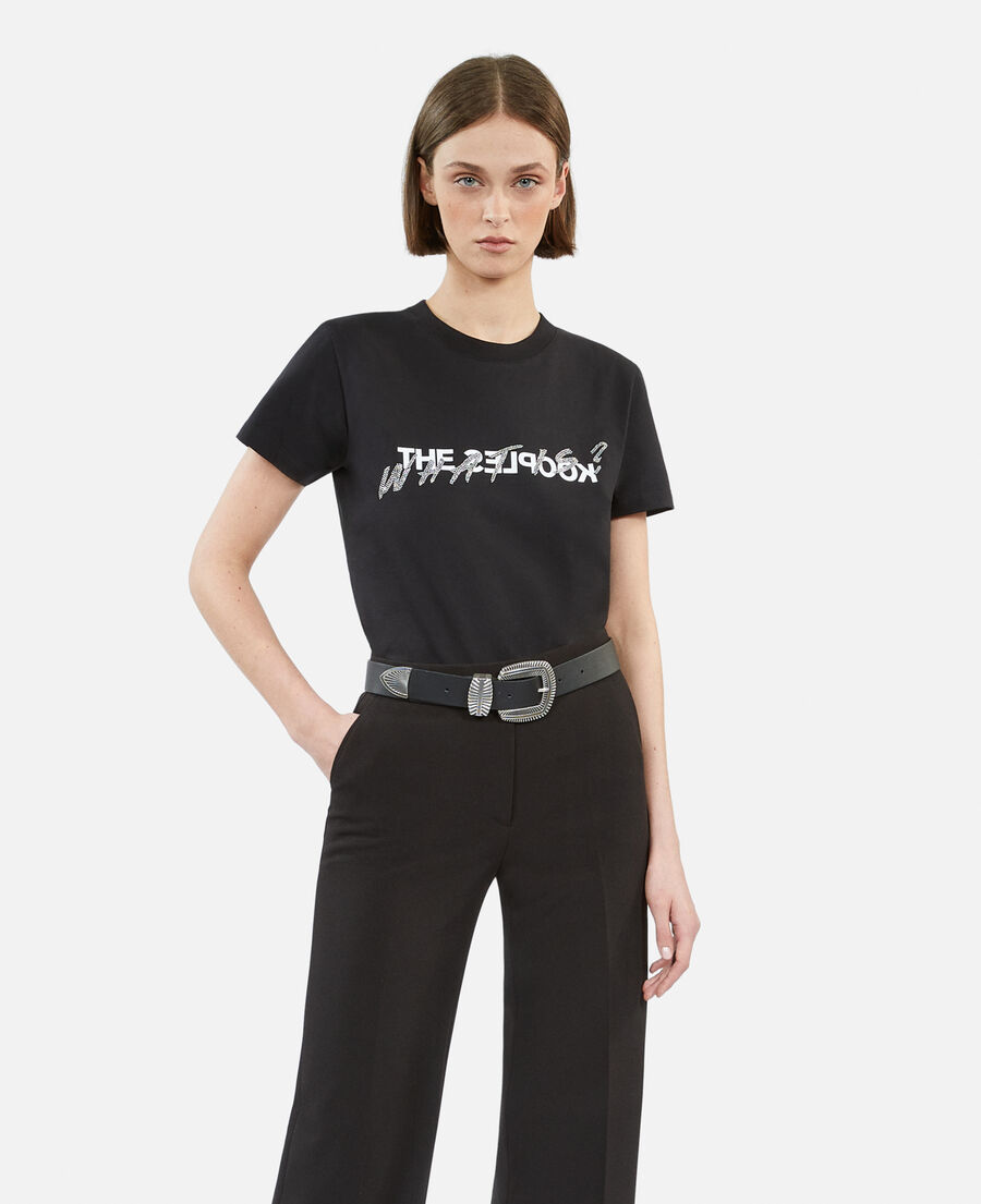 schwarzes t-shirt damen mit „what is“-strassbesatz