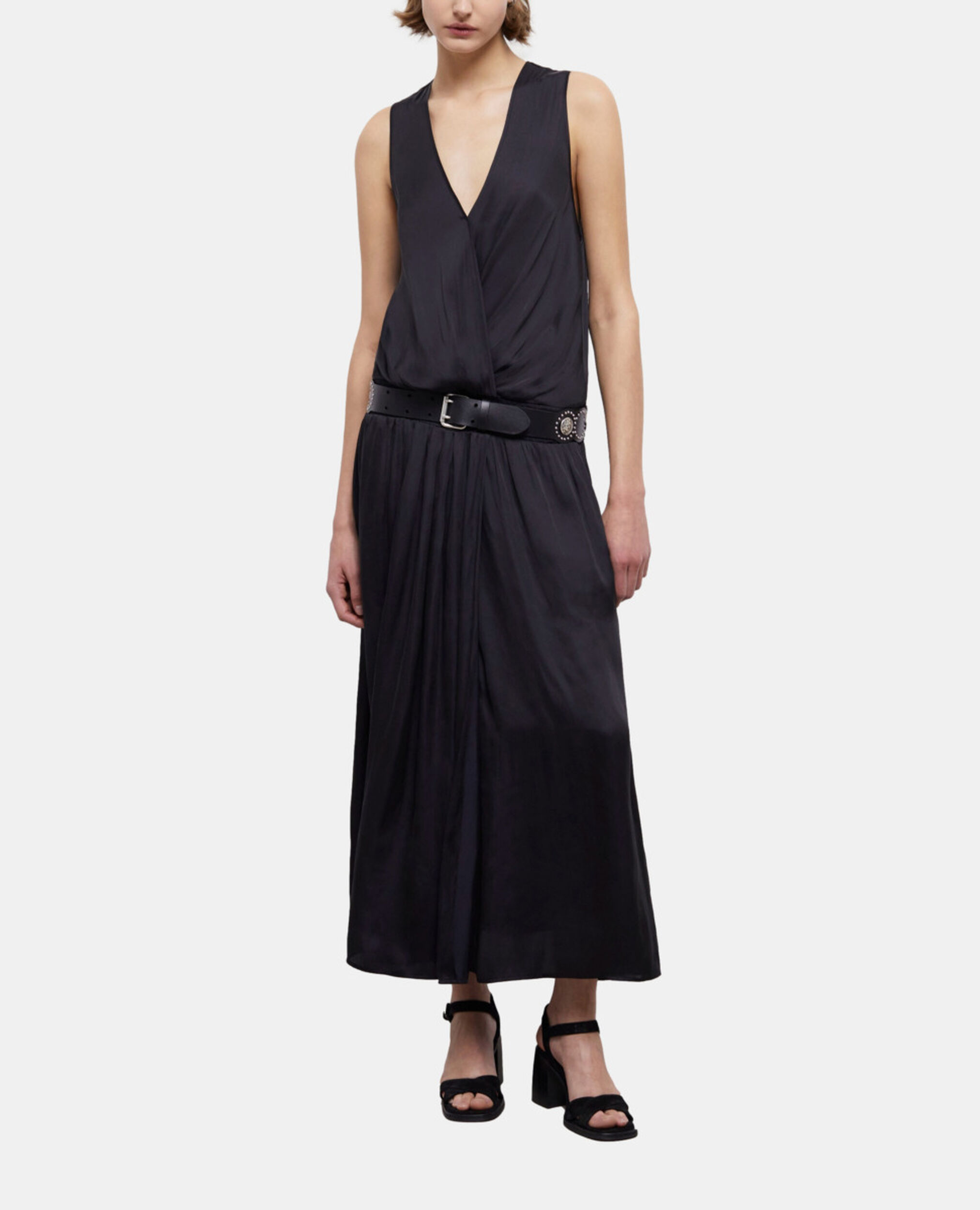 Vestido largo negro satinado, BLACK, hi-res image number null