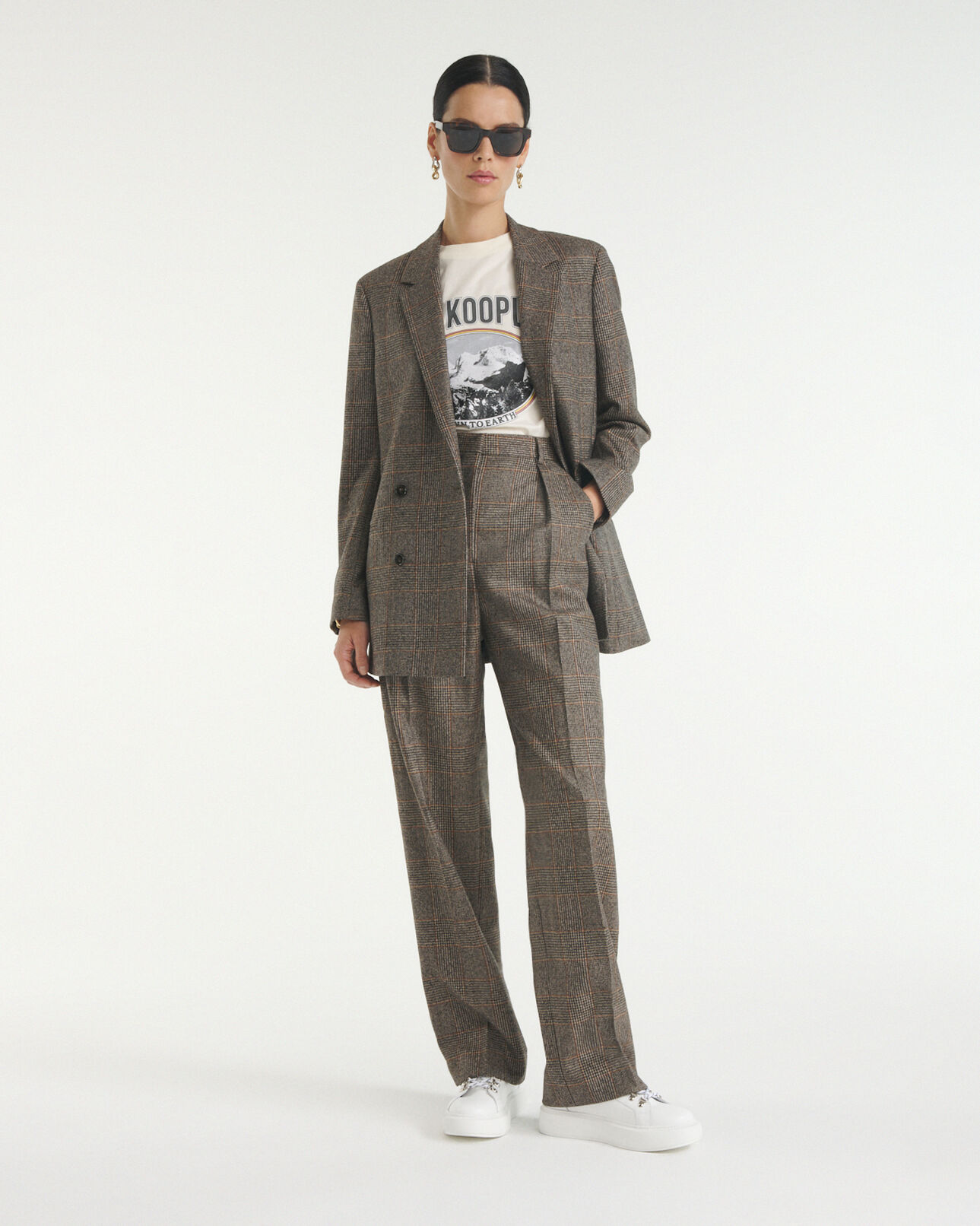 The Kooples WOMEN BLACK BROWN buttoned brown check wool jacket