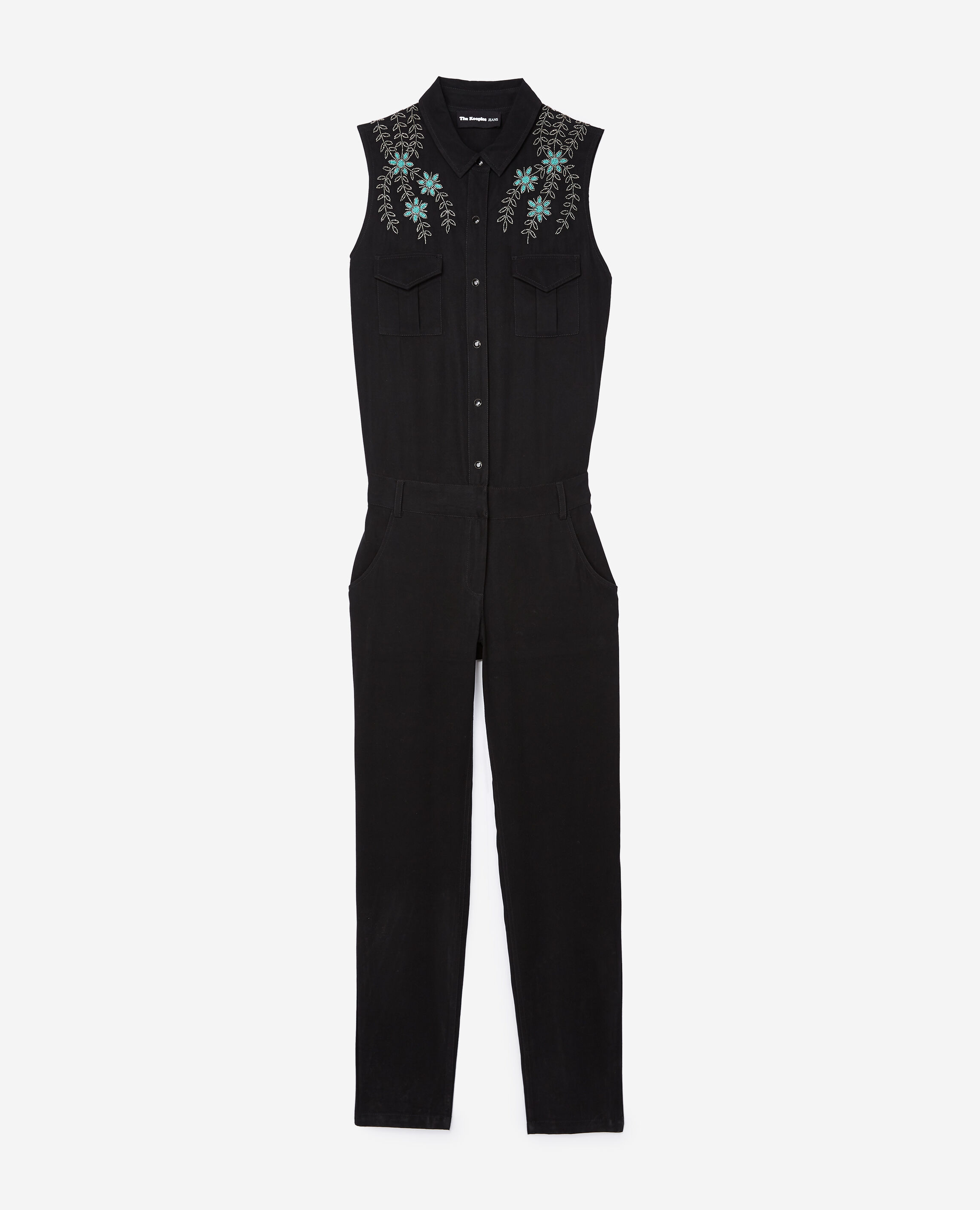 Black denim style jumpsuit with embroidery