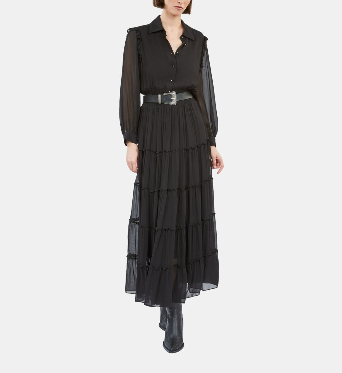 Long black shop dress with ruffles