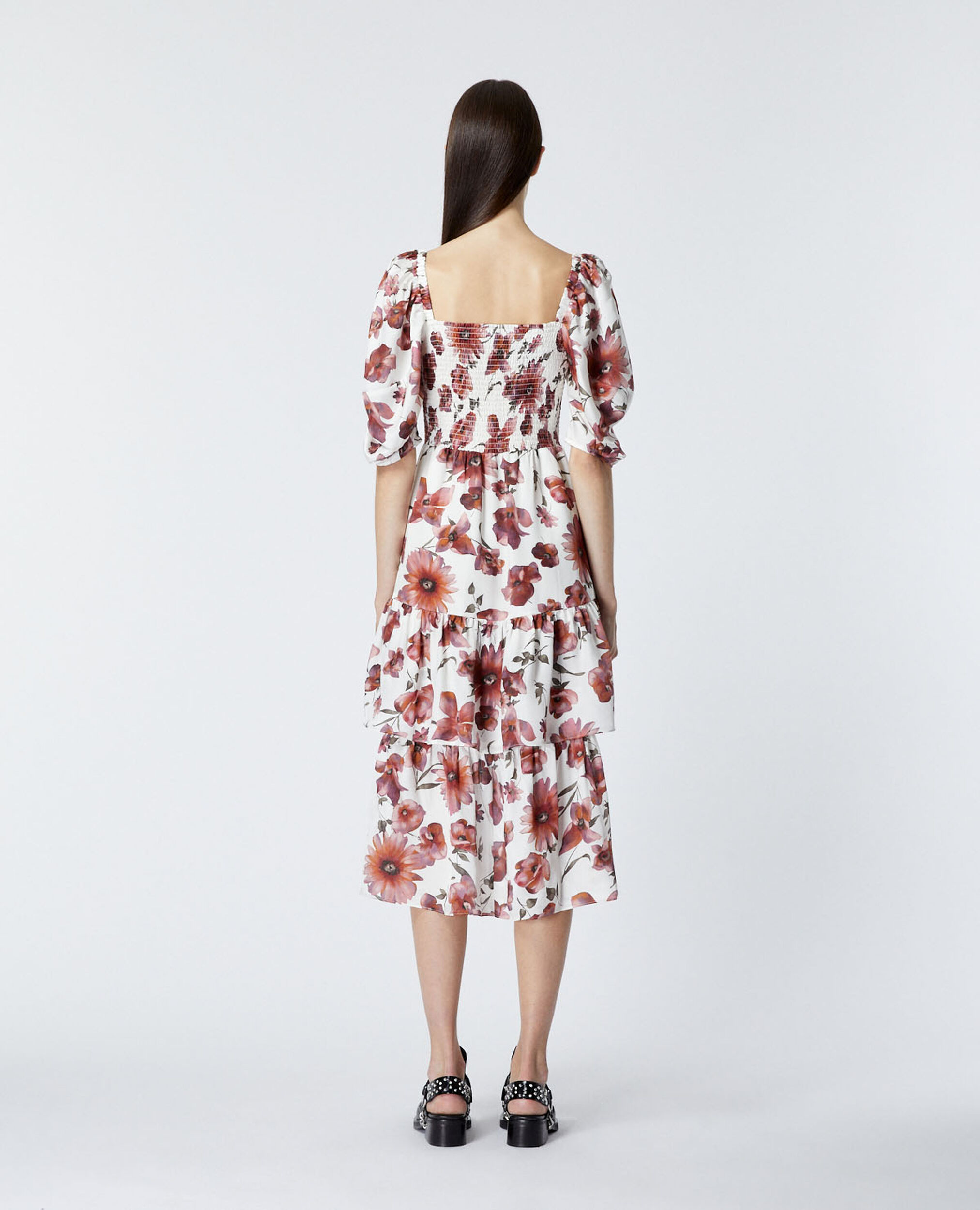 Long ecru dress with smocking - floral print, ECRU, hi-res image number null