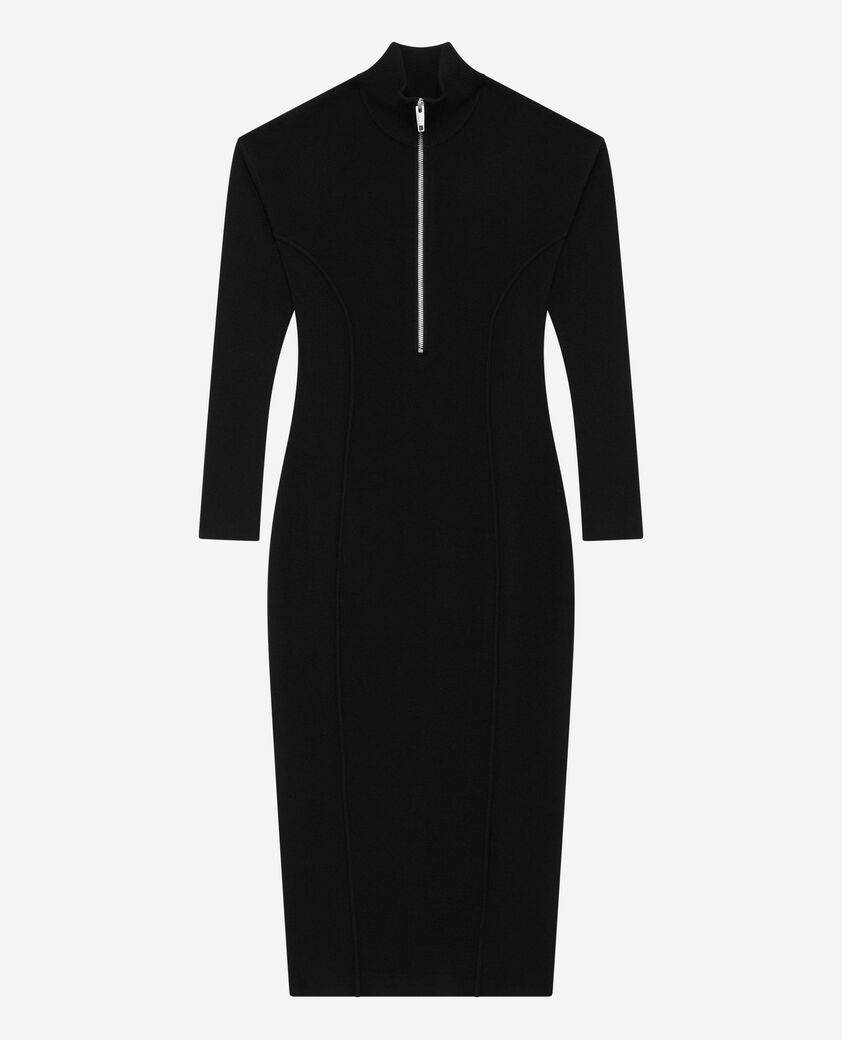 The Kooples FEMME BLACK robe longue en laine mélangée col zippé noire
