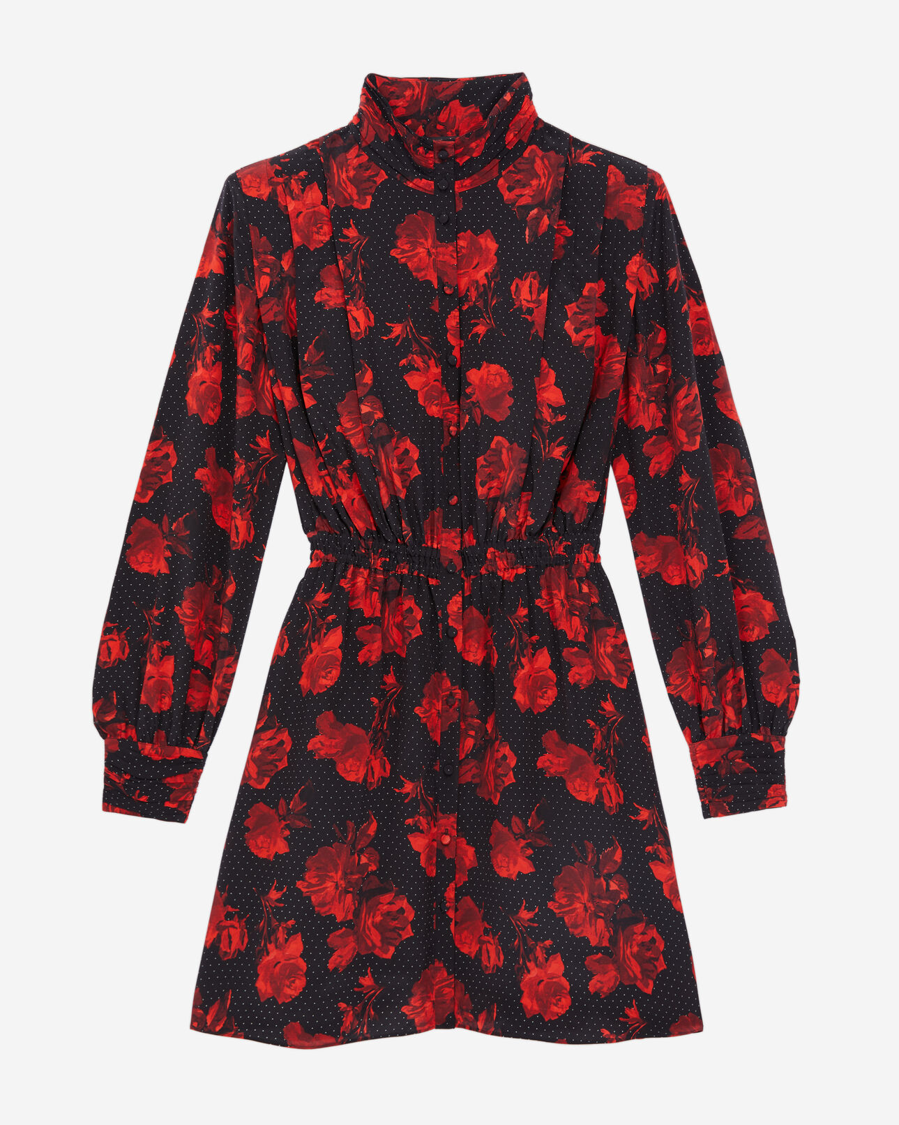The Kooples FEMME BLACK - RED robe chemise courte imprimée en soie