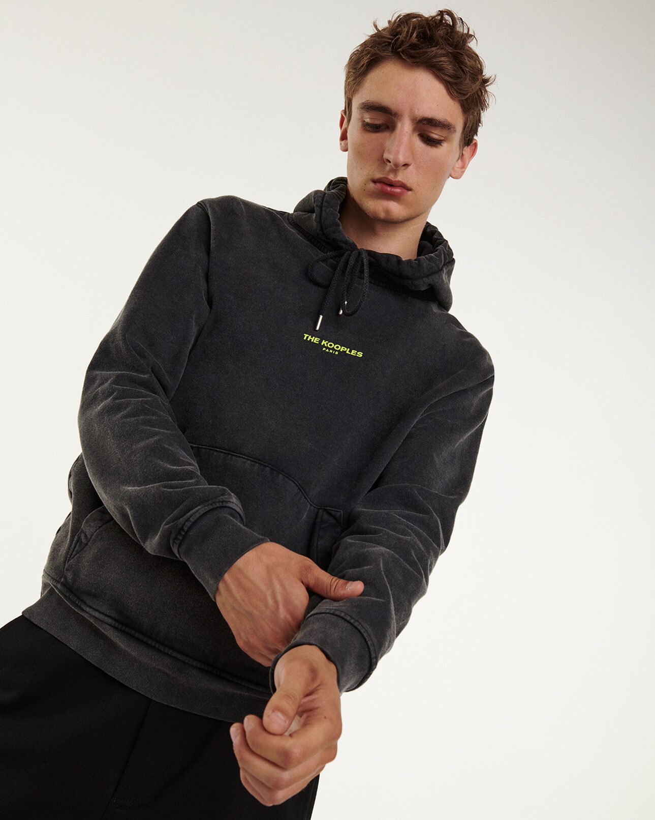 The Kooples MEN BLACK WASHED faded black cotton hoodie with logo