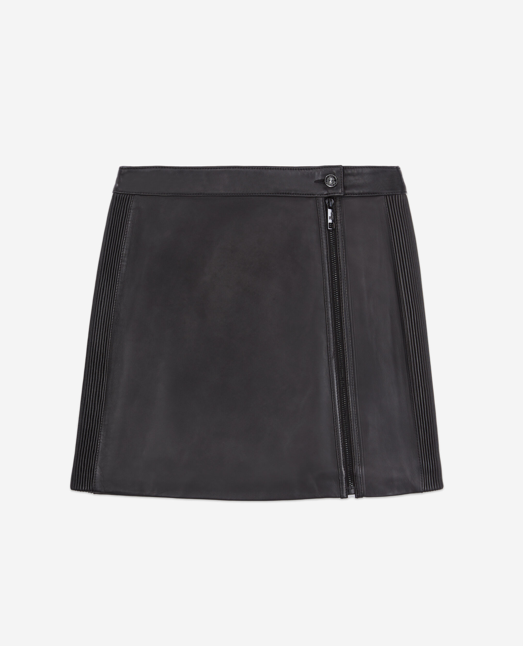 Short black leather skirt with zip and pintuck details, BLACK, hi-res image number null