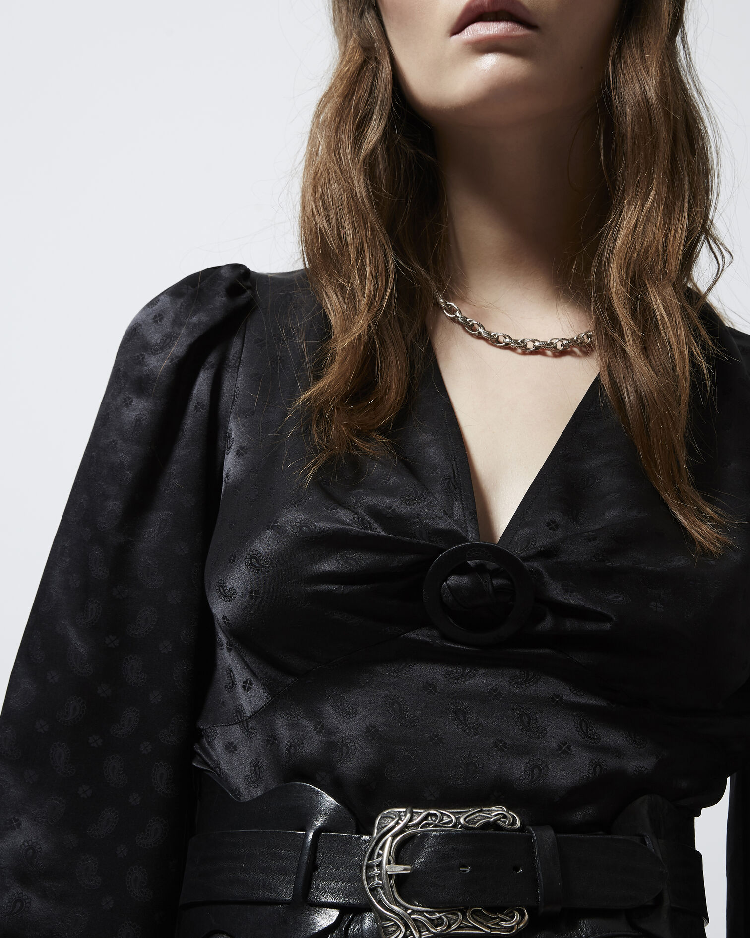 Jacquard black rock-style top w/paisley motif, BLACK, hi-res image number null