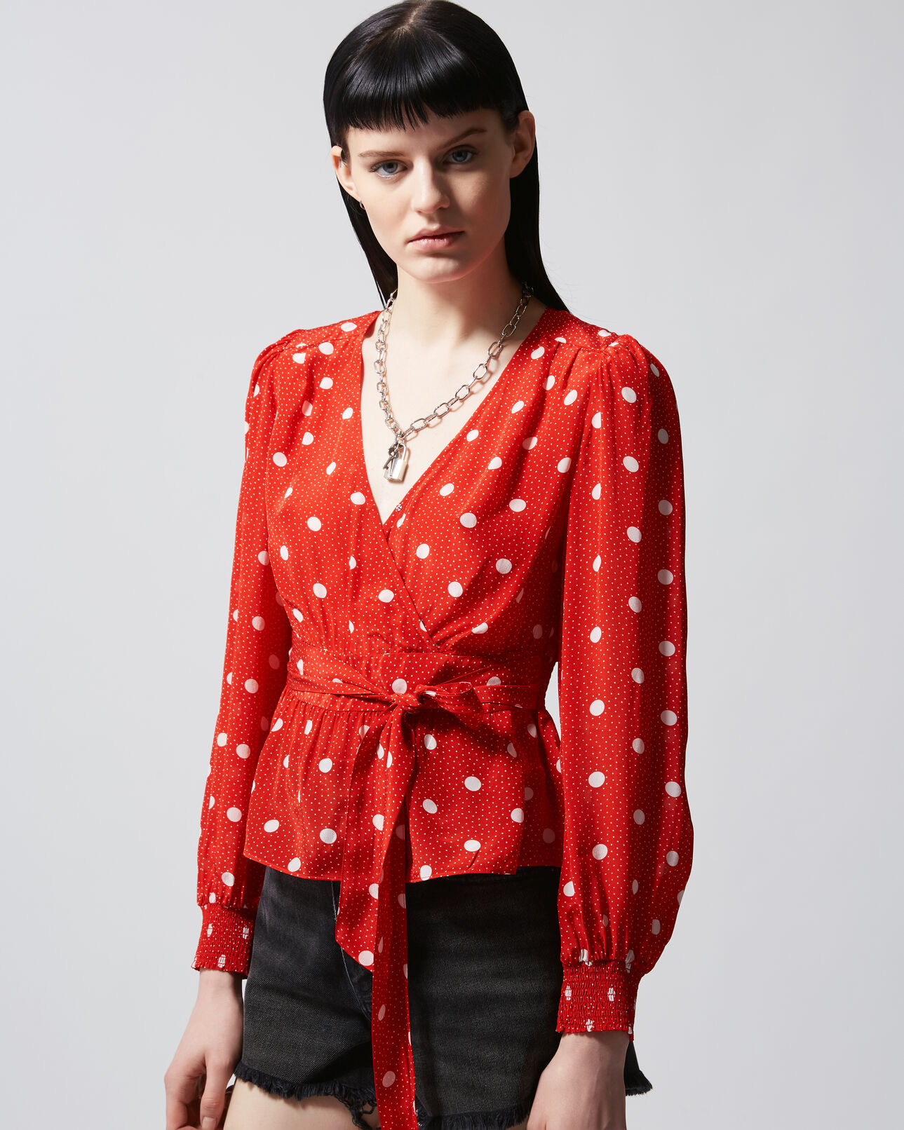 The Kooples FEMME RED / ECRU top rouge imprimé pois écru à smocks