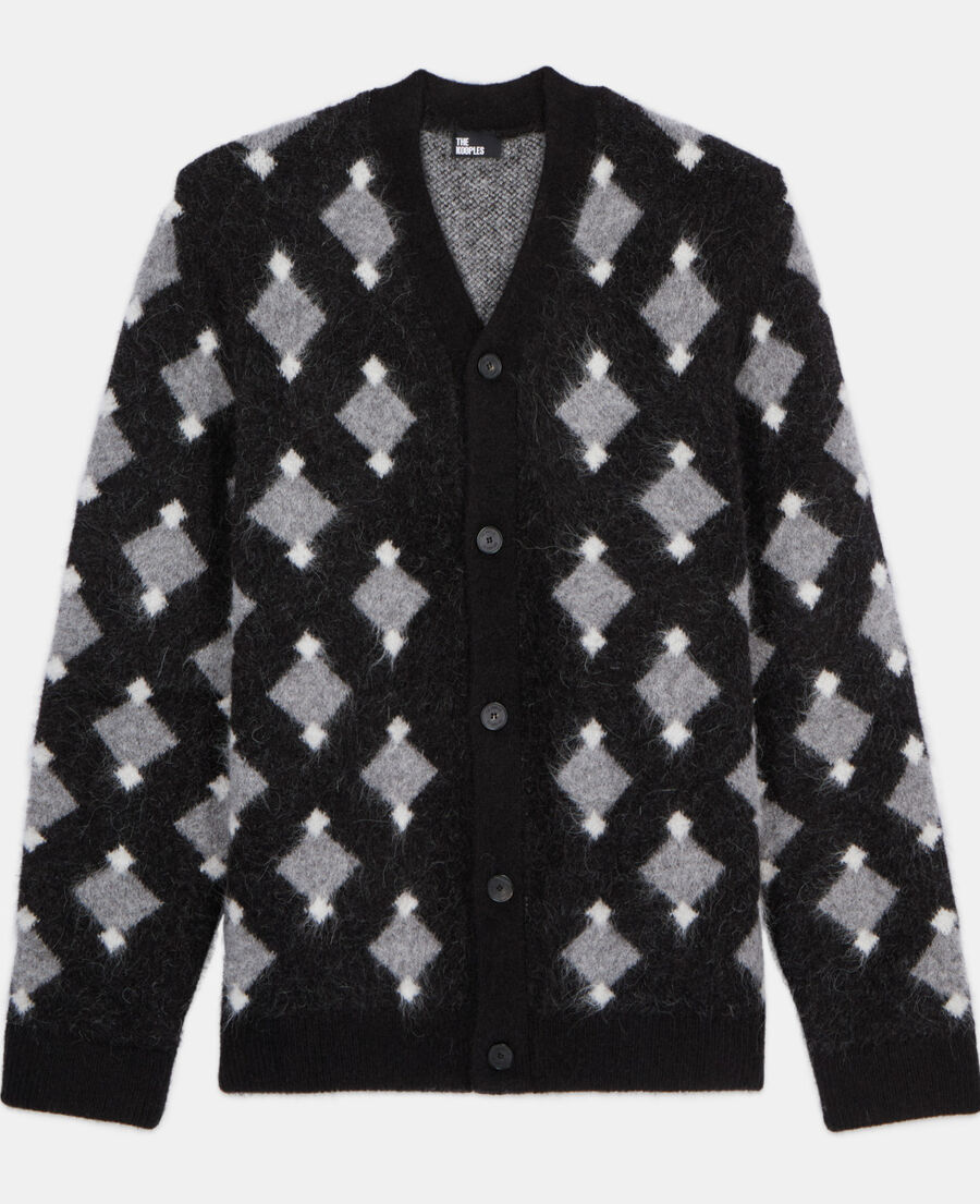 The Kooples HOMME BLACK GREY WHITE cardigan à losanges noir et gris