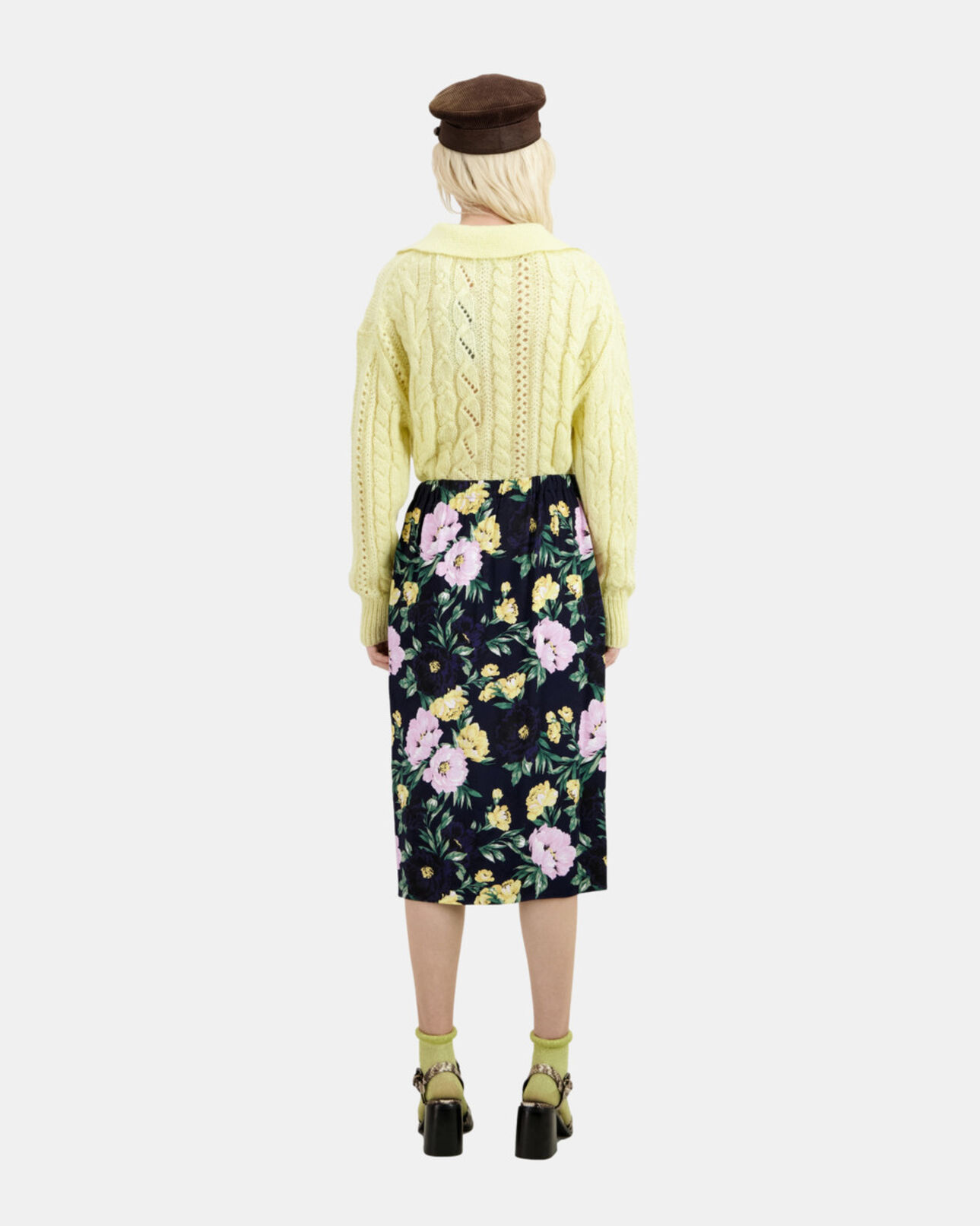 The Kooples FEMME LIGHT PINK / DARK NAVY jupe midi fleurie