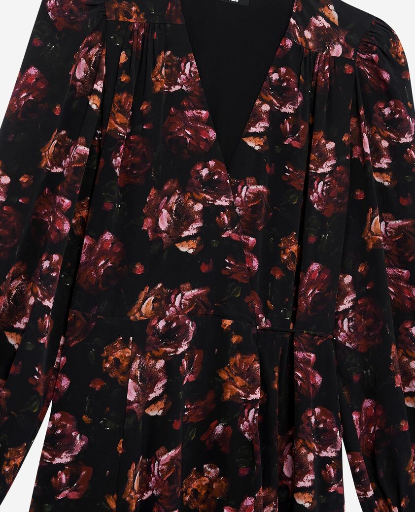 The Kooples FEMME BLACK - RED robe longue imprim&eacute; fleuri en soie m&eacute;lang&eacute;e bordeaux