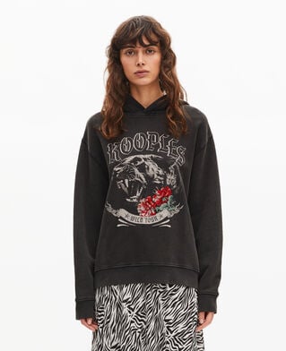 The Kooples WOMEN BLACK WASHED hooded sweatshirt with black screen print