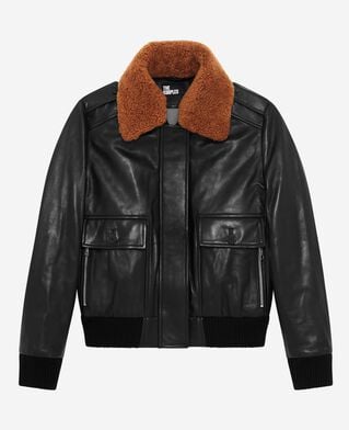 The Kooples WOMEN BLACK leather jacket with black sherpa collar