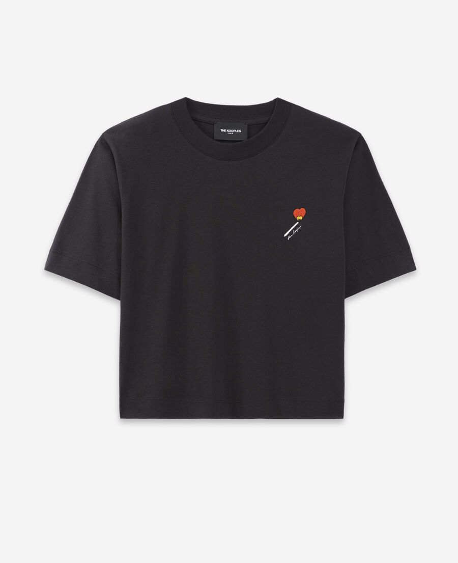 black cotton t-shirt w/ matchstick embroidery