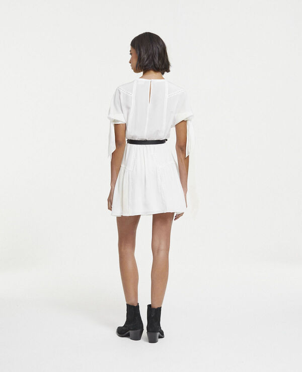 short white silk dress with knotted sleeves