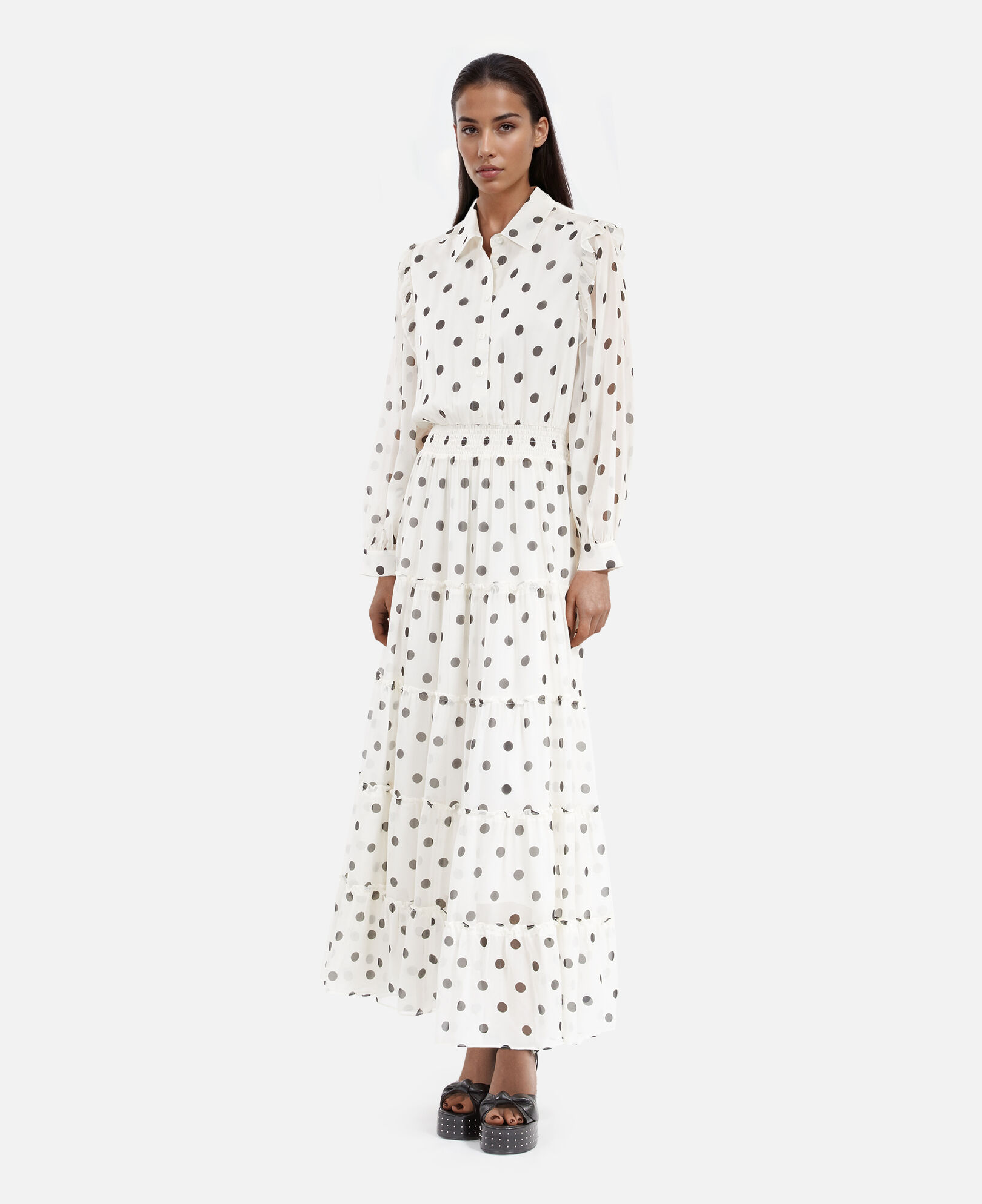 The Kooples WOMEN WHITE / BLACK long white dress with ecru polka dots