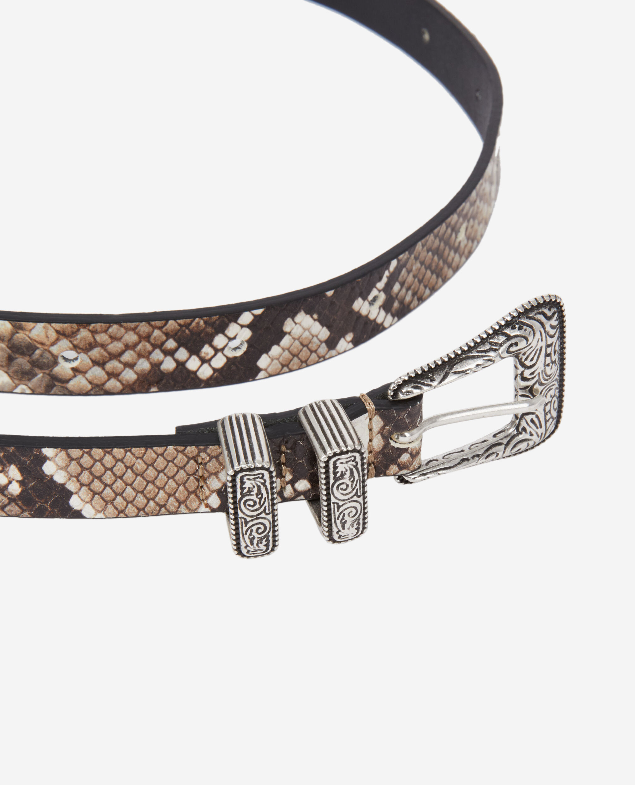 Thin snakeskin-effect leather belt with Western-style buckle, BEIGE-BROWN, hi-res image number null