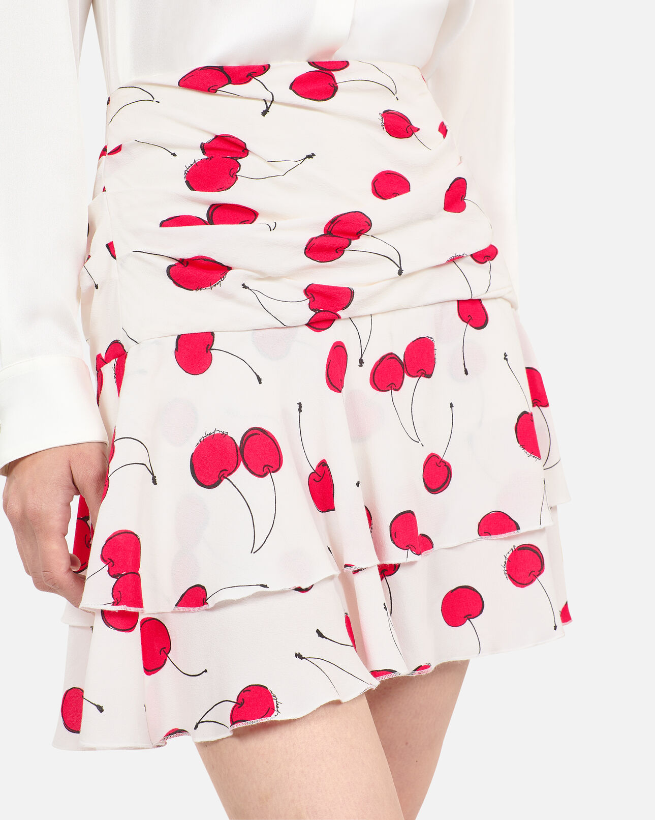 The Kooples FEMME ECRU RED jupe courte drapée avec imprimé cerise