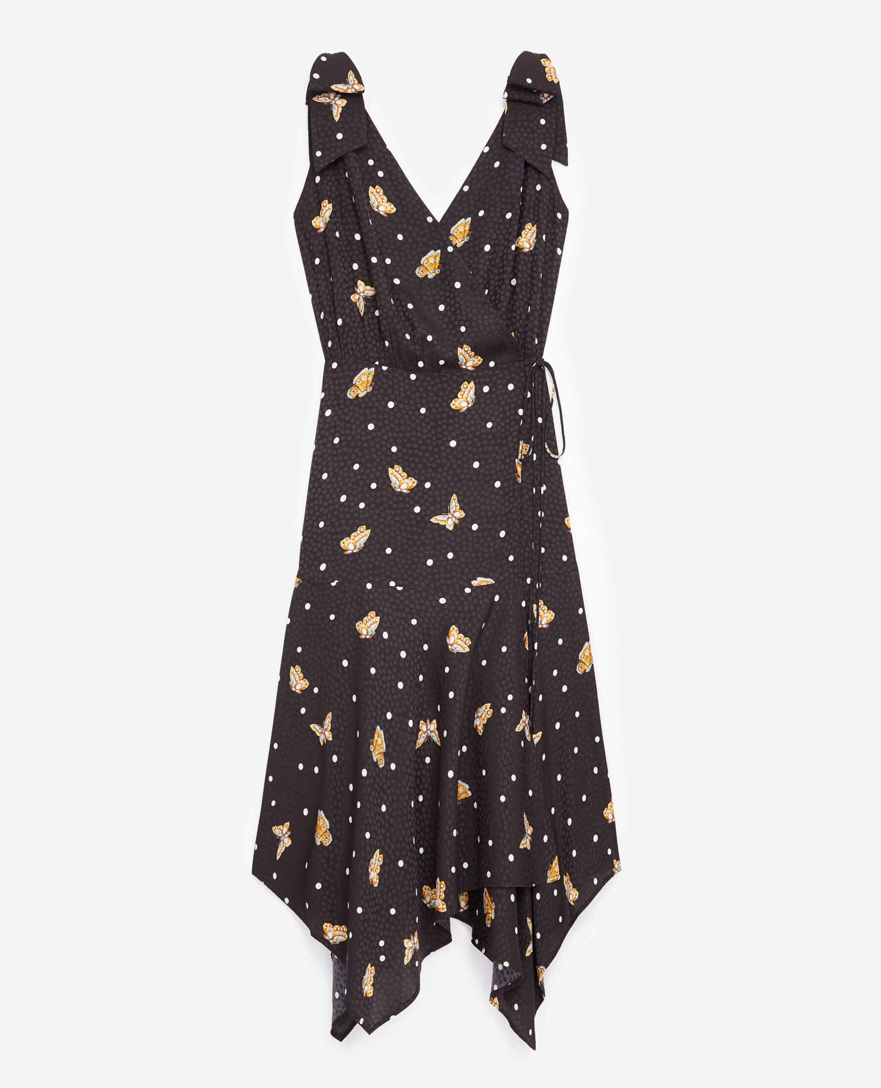 Black wrap dress with butterfly motif