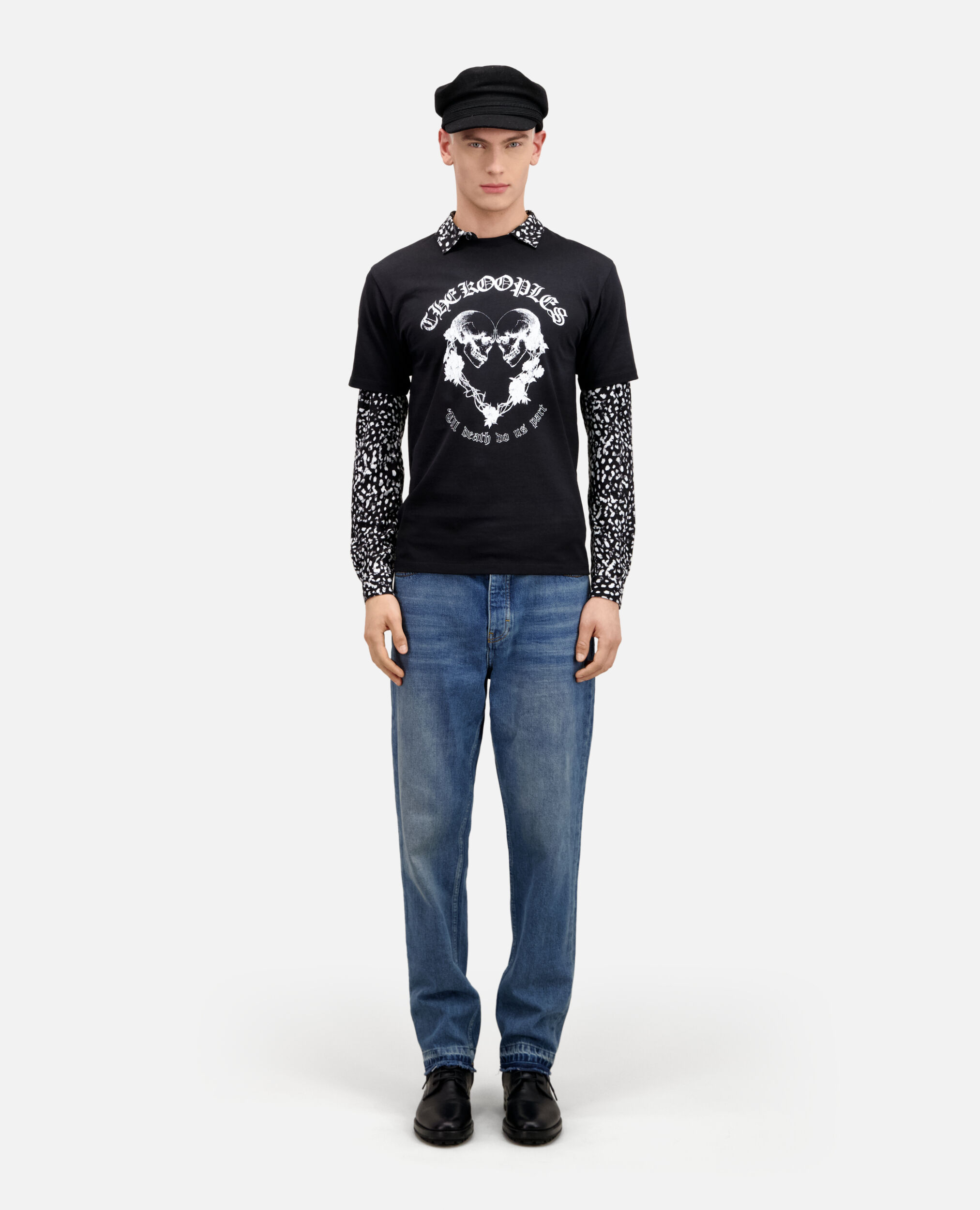 Schwarzes T-Shirt mit Skull-Heart-Siebdruck, BLACK, hi-res image number null