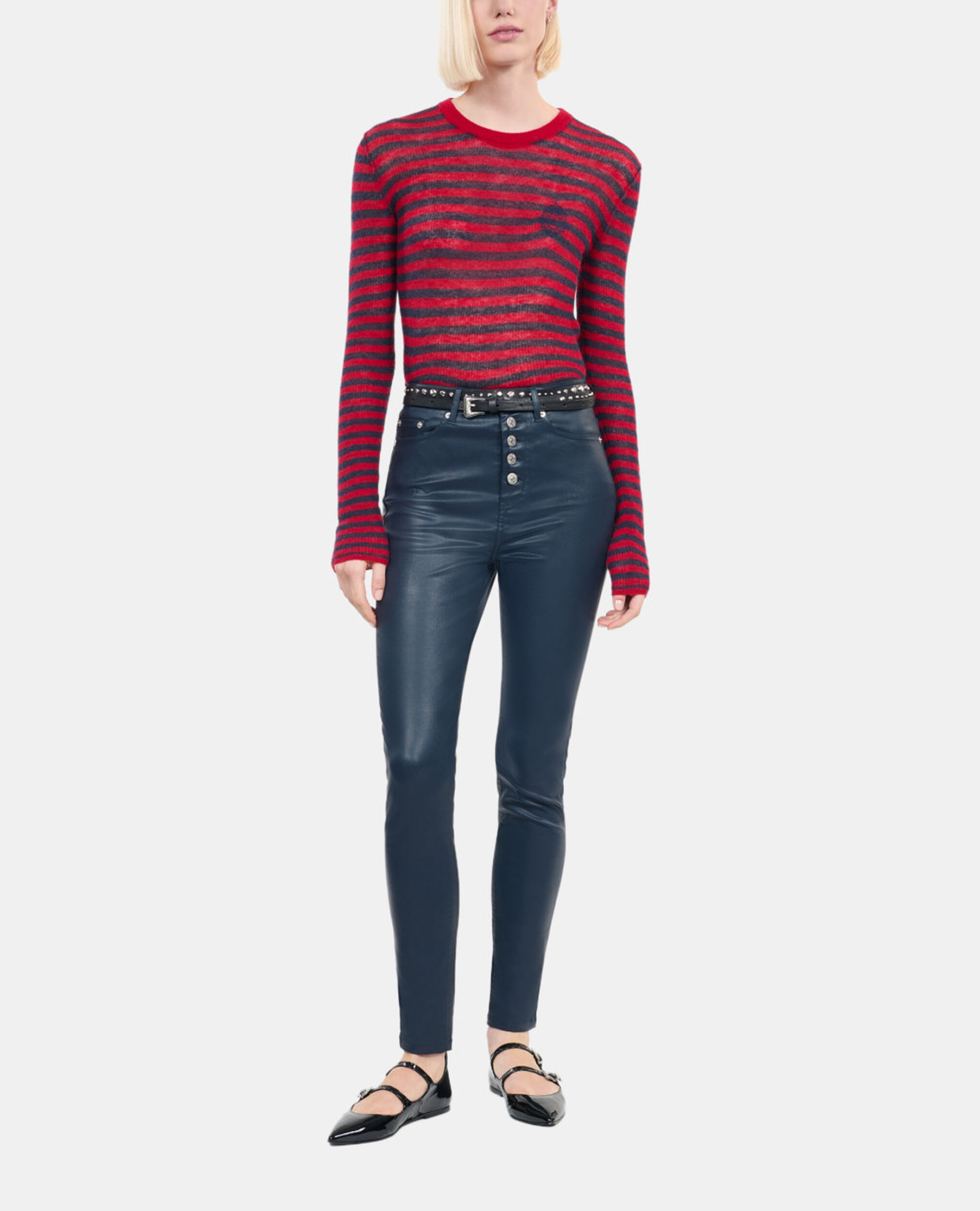 Navy blue leather-effect skinny jeans , NAVY, hi-res image number null