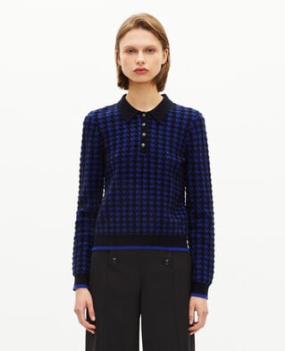 The Kooples WOMEN BLACK NAVY blue wool blend houndstooth polo neck sweater