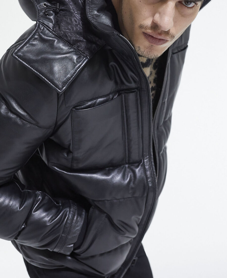 black leather down jacket with straps