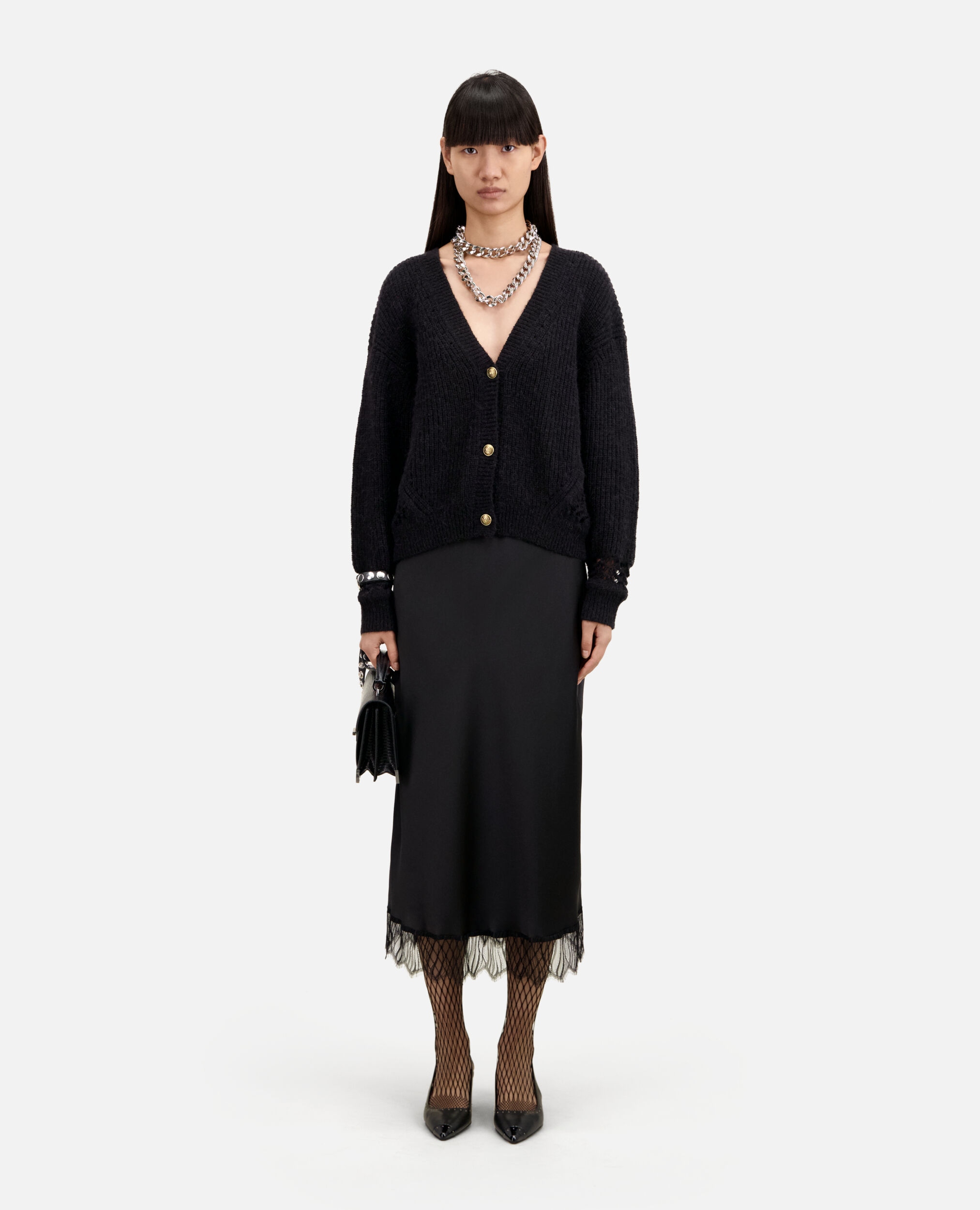 Black wool-blend cardigan, BLACK, hi-res image number null