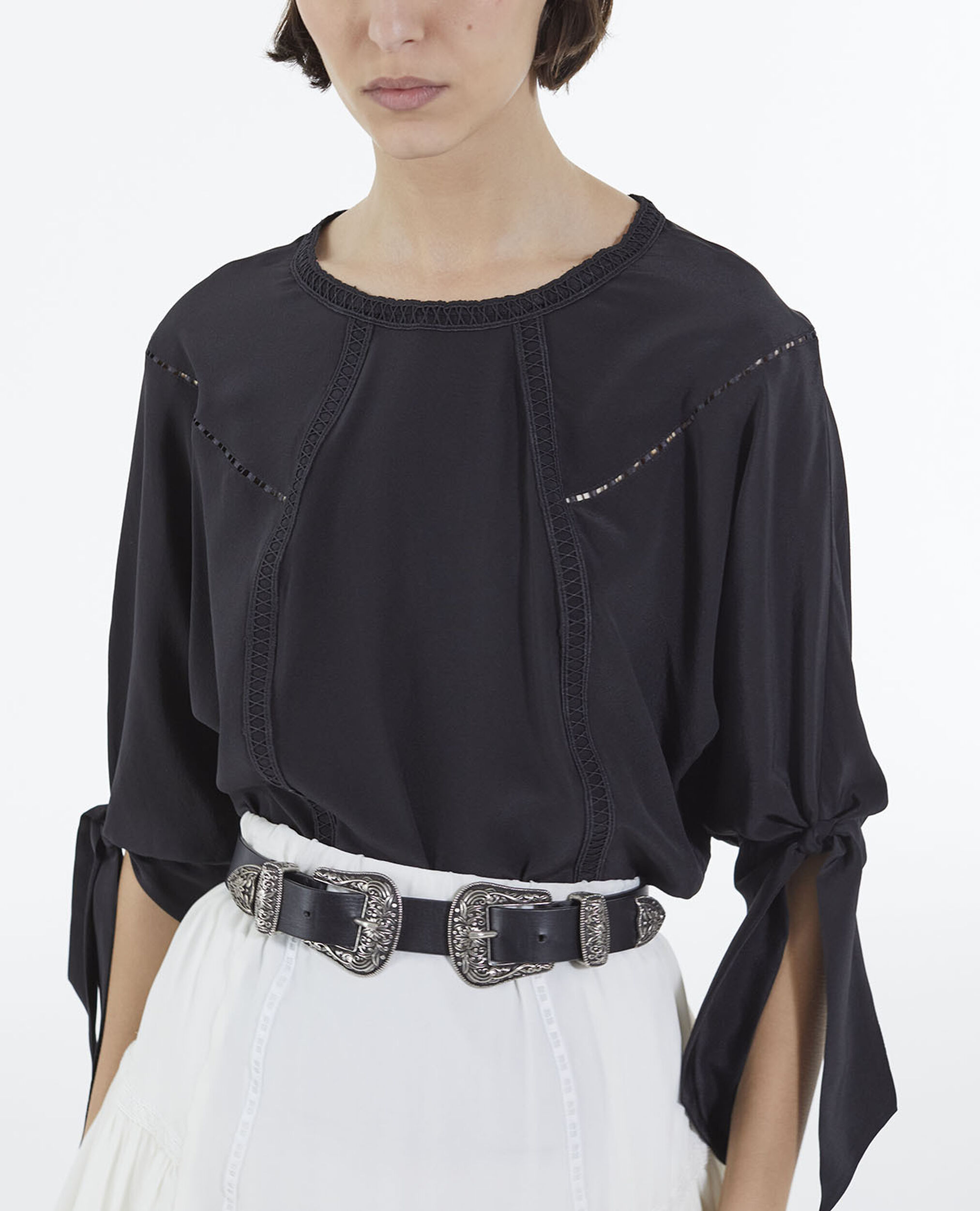 Black silk top with three-quarter length sleeves, BLACK, hi-res image number null